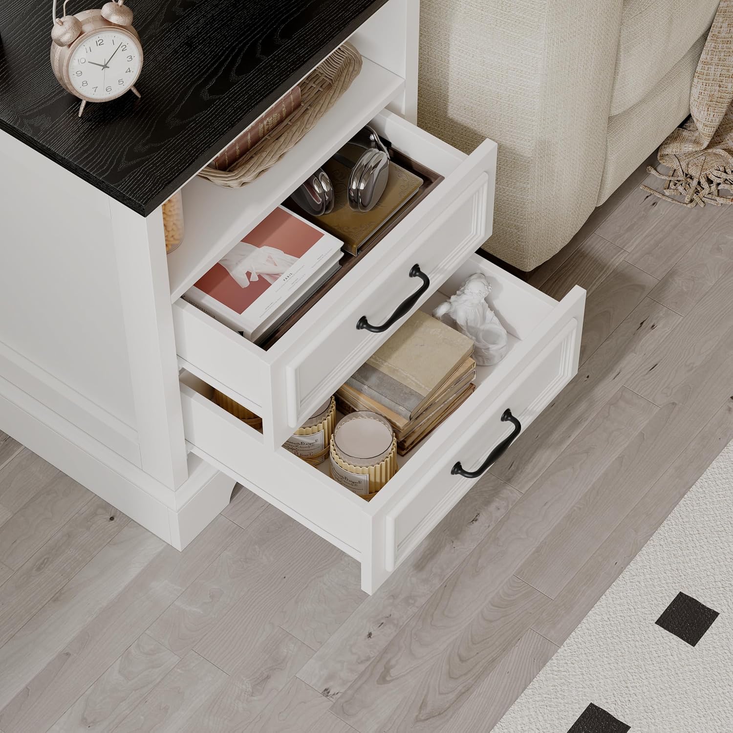 Whalefall Farmhouse 2 Drawers Dresser with Charging Station, White Nightstand Bedside for Bedroom, Wood Small End Table for Living Room Dresser Chest of Drawers for Hallway Closet Dorm (1, White)