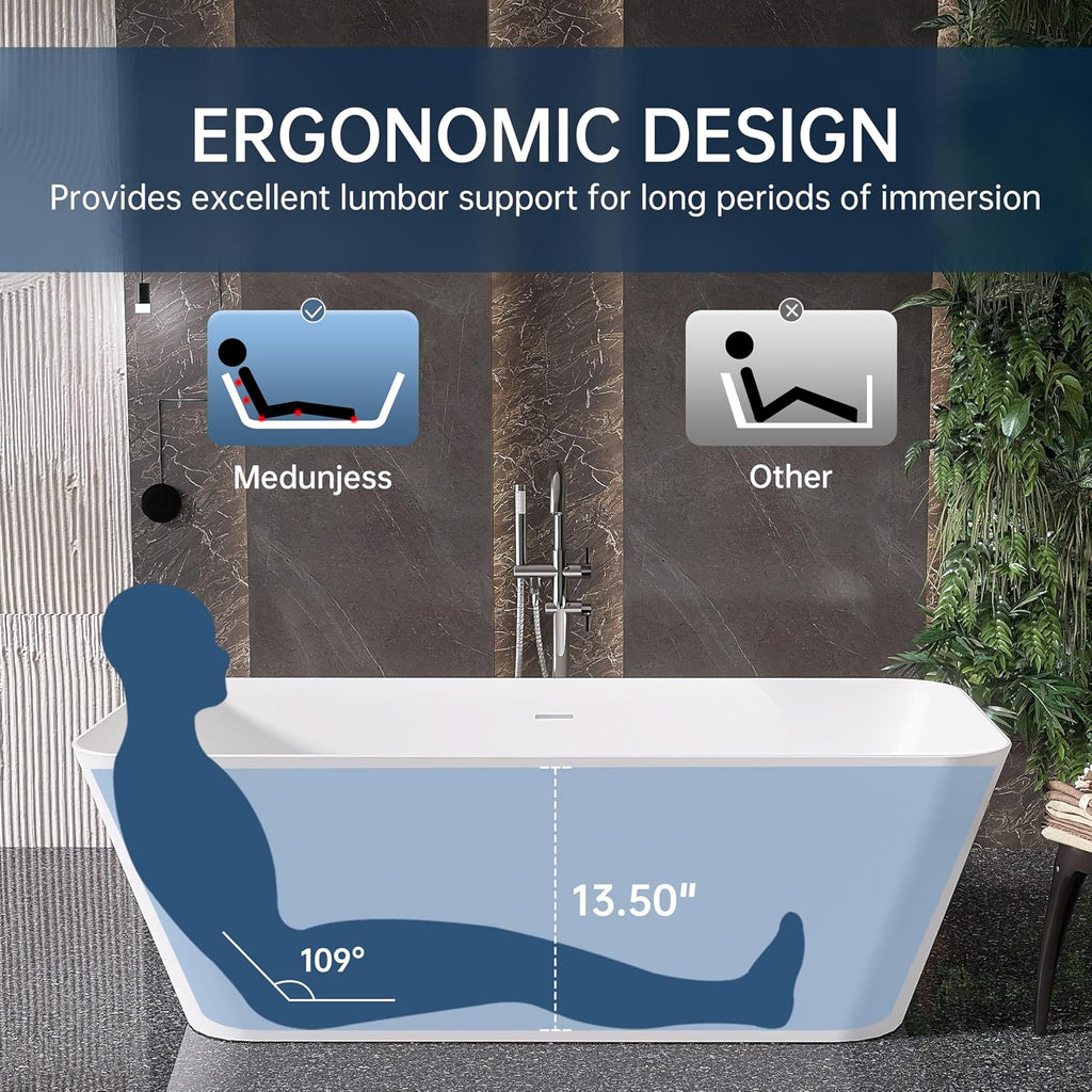 Stone Resin Freestanding Bathtub 67 ', Elegant Oval Shape Soaking Tub, Solid Surface Stand Alone Bathtub with Drain & Integrated Slotted Overflow Matte White AMFS340-1700