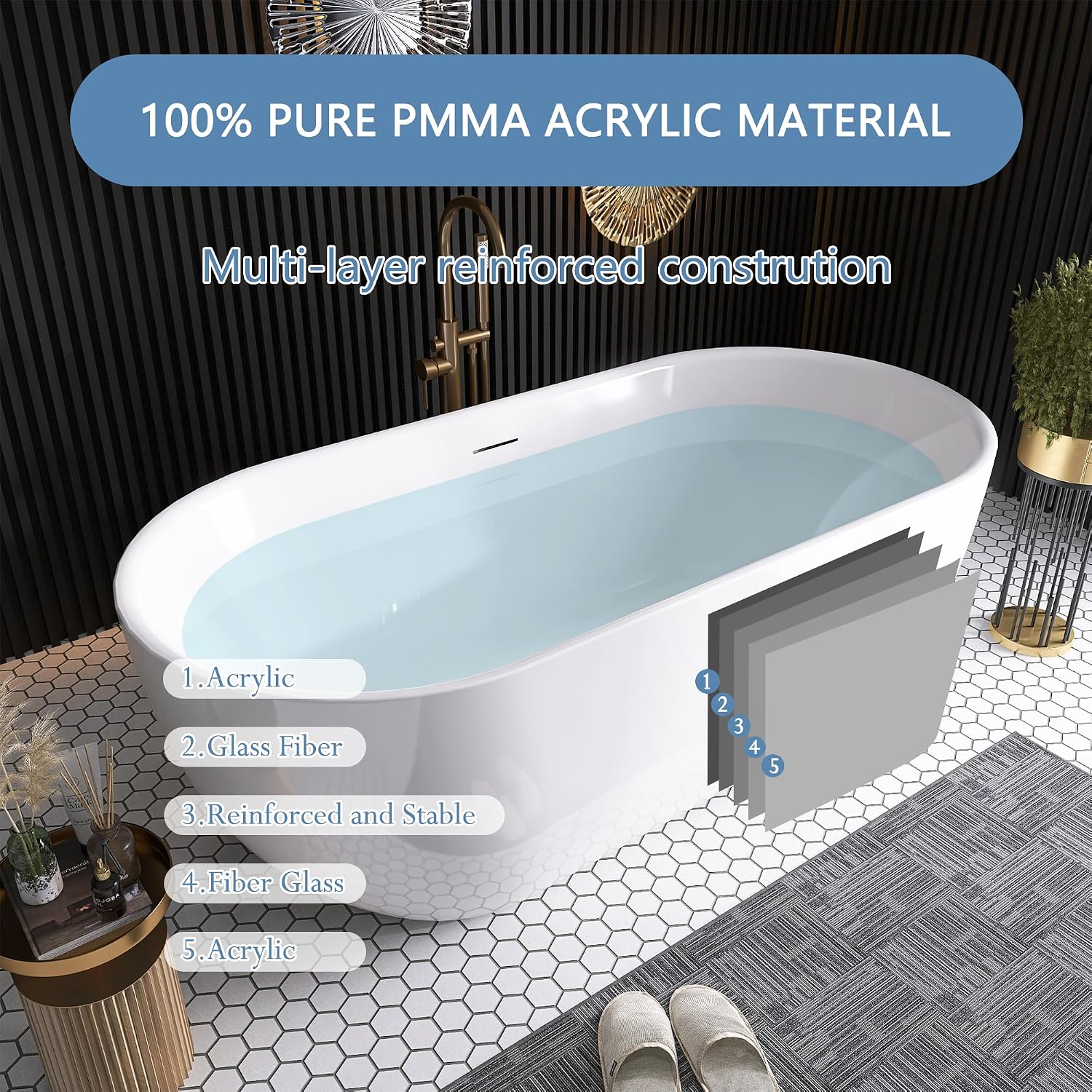 59' Free Standing Tub, Pure Acrylic Freestanding Bathtub, Stylish Stand Alone Contemporary Deep Soaking Bath Tub, cUPC Certified SY6850 (Glossy White)