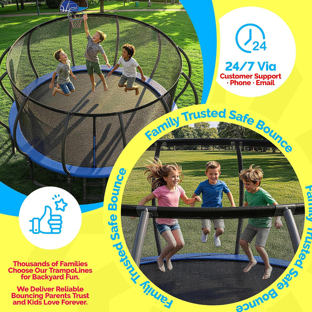 YORIN Backyard Bouncer Bundle with Basketball Hoop, Light String & Sprinkler, Heavy Duty Jumping Set for Kids & Adults, 10 12 14 15 16FT, 1500LBS Capacity, ASTM Certified, Galvanized Steel Frame