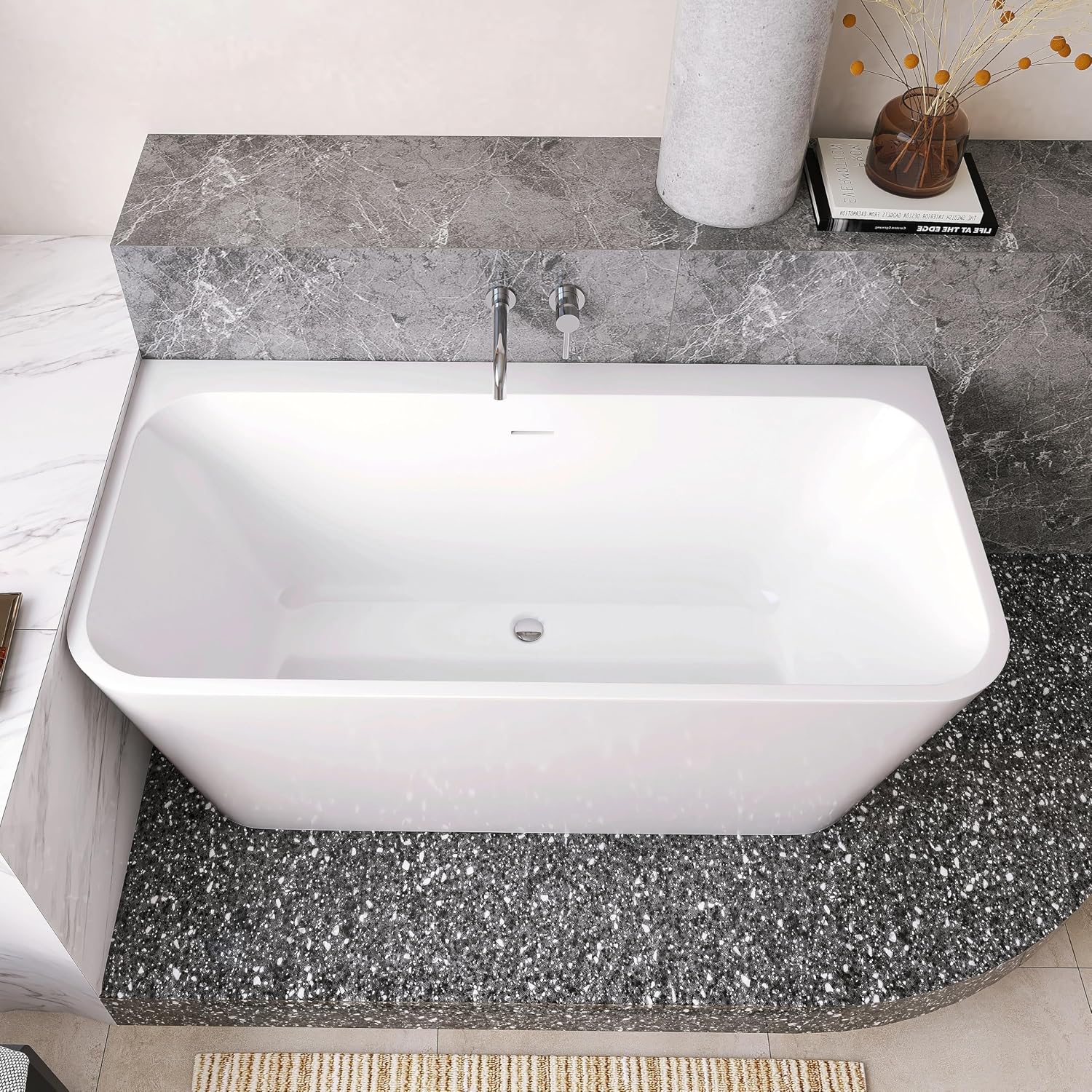 59' Acrylic Back-to-Wall Bathtub,Freestanding Bathtub, Stand Alone Tub, Soaking Tubs for Bathroom, Free Standing Tub with Integrated Overflow and Drain, cUPC Certified, Gloss White