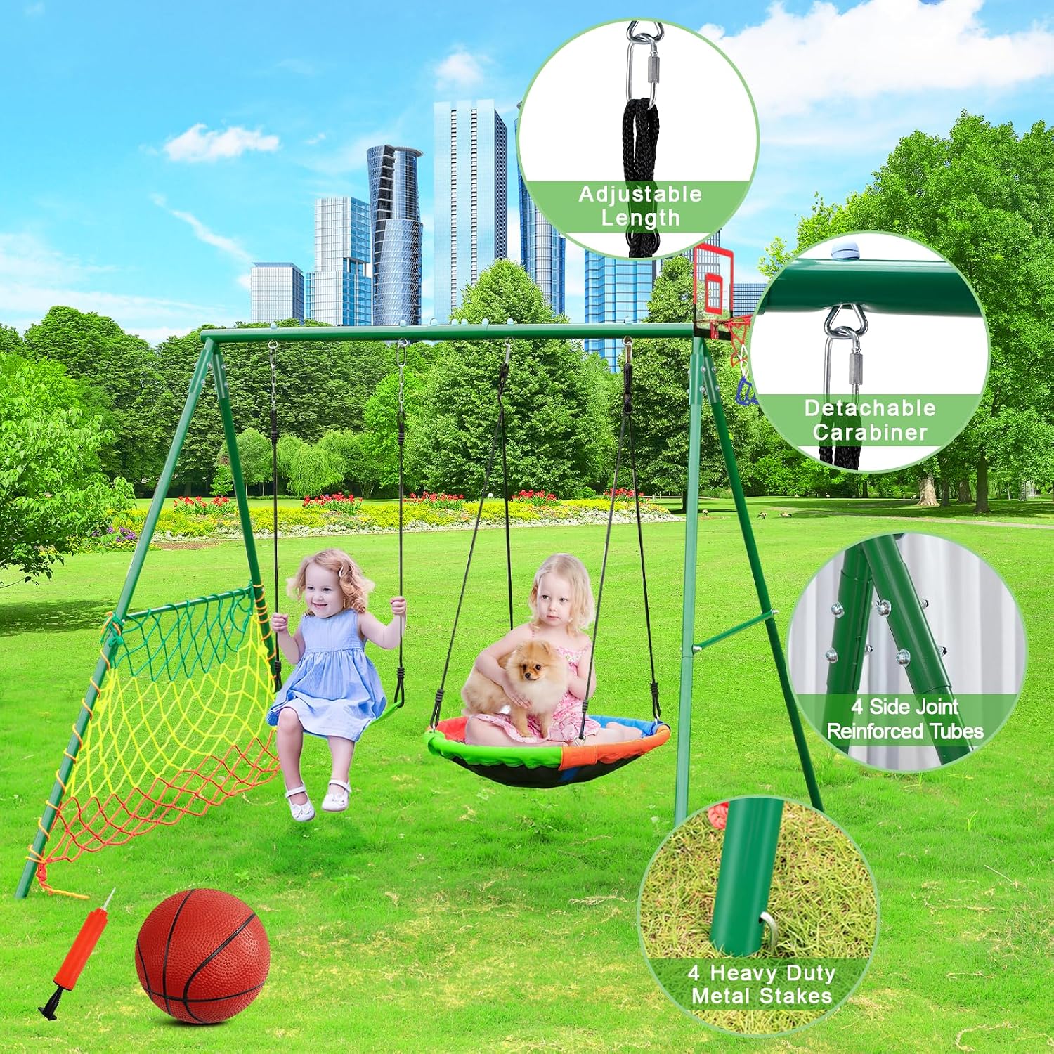 CYFIE Swing Set, Outdoor Playset for Kids with Saucer Swing, Belt Swing, Heavy Duty Metal Frame Swing Stand, Basketball Hoop and Soccer Goal, Swing Sets for Backyard, Playground, Park