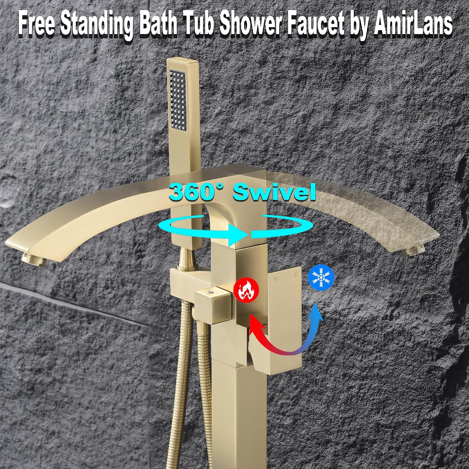 Floor Mount Bathtub Faucet, Freestanding Tub Faucet Brushed Gold, Stainless Steel Free Standing Tub Filler with Handheld Shower.