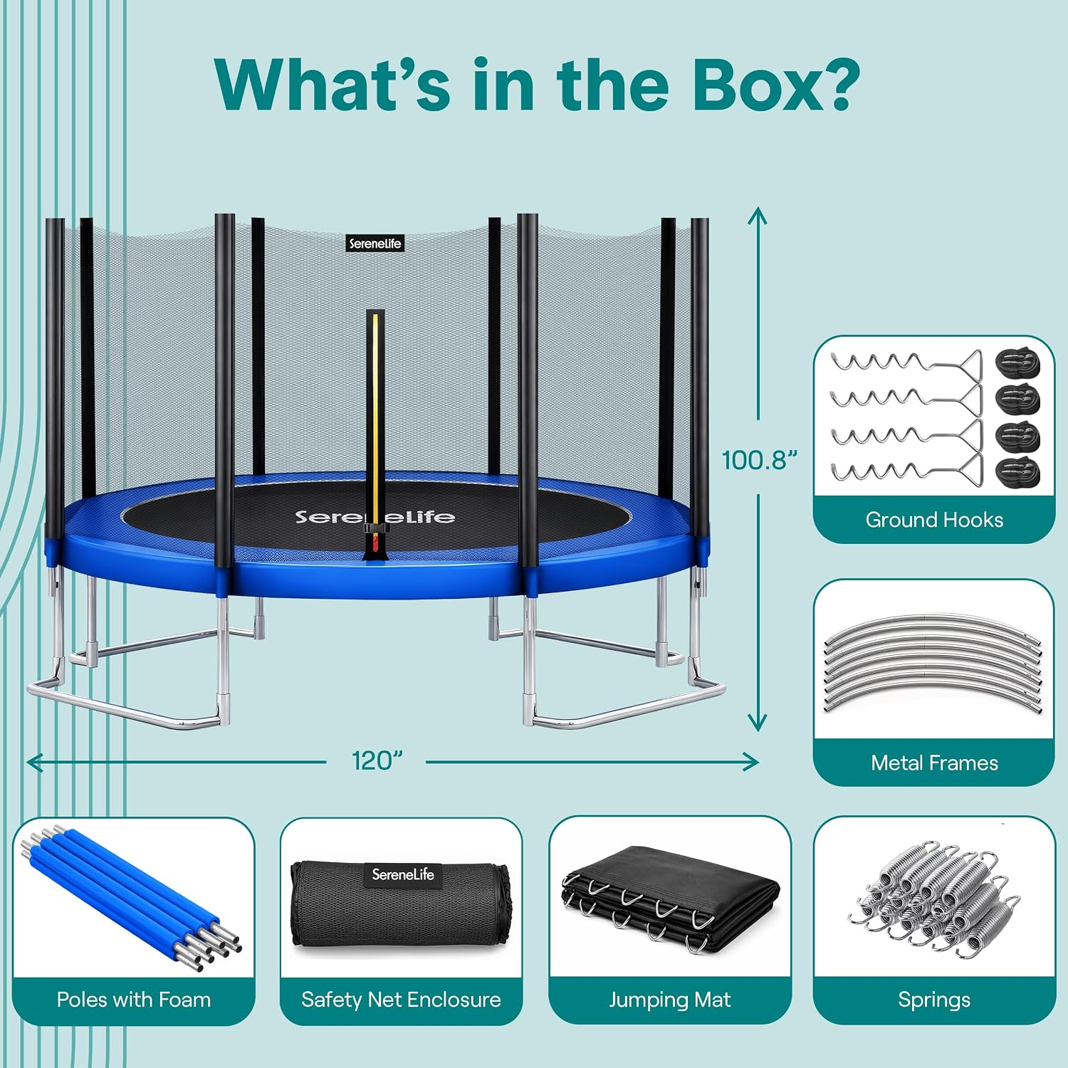 SereneLife Trampoline Outdoor 8FT 10FT 12FT 14FT with Enclosure Net, Ladder and Anti-Rust Coating - ASTM Approved Recreational Trampolines - Heavy Duty Yard Trampolines for Kids and Adults