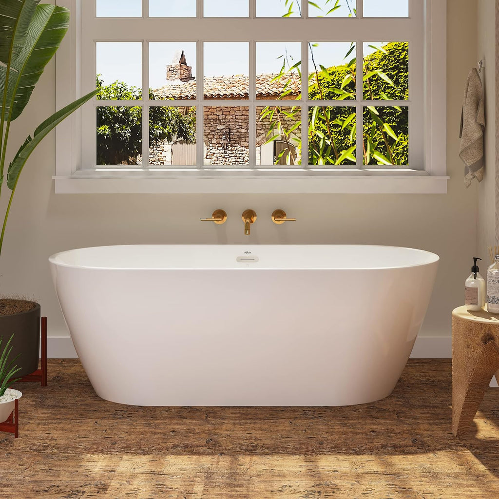 FerdY Nauru 67' Acrylic Freestanding Bathtub, Ergonomic Lightweight Classic Oval Soaking Bathtub with Toe-Tap Chrome Drain& Bath Pillow for Bathtub,Thick Tub Pillows, Ergonomic Support