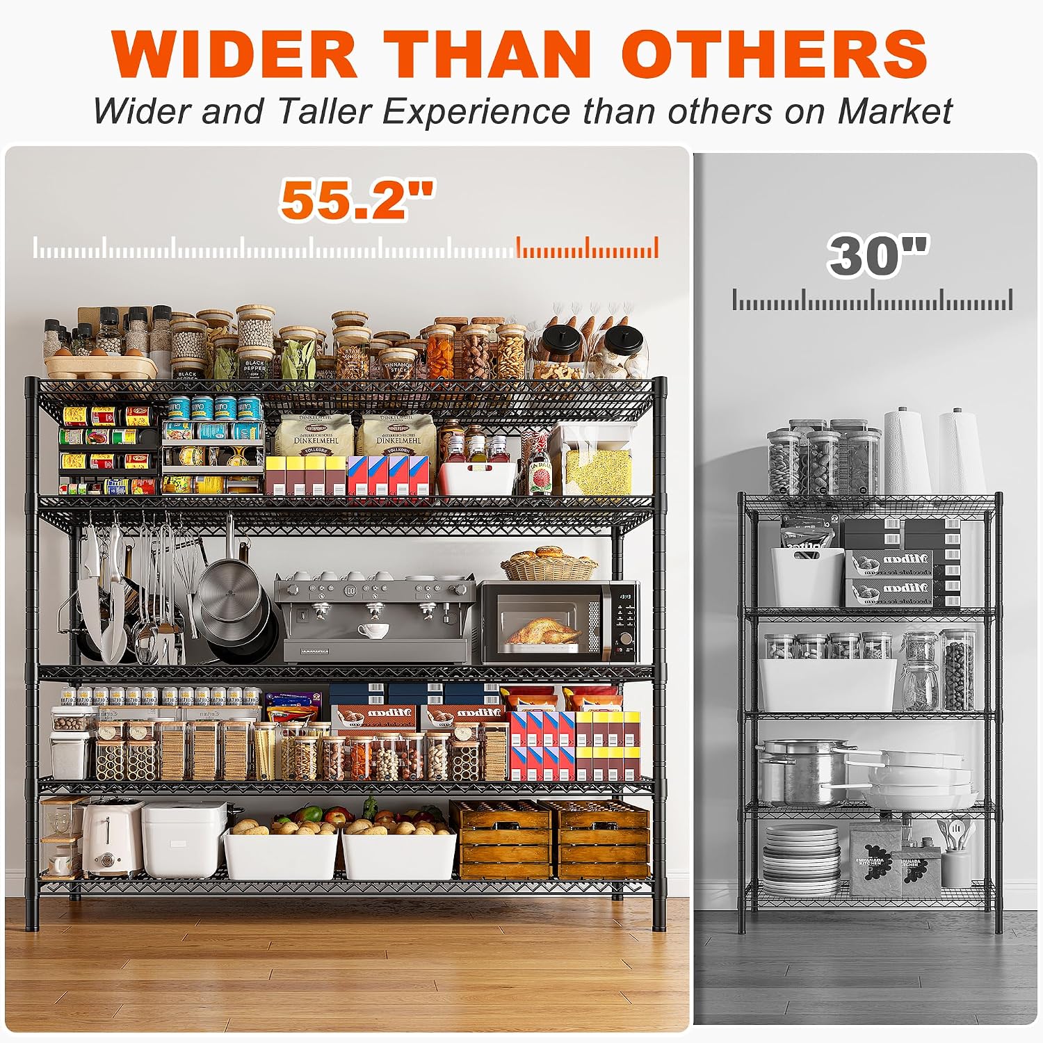 REIBII 85.7'H Garage Shelving 2998LBS Storage Shelves with Wheels&Feet,5 Tier Garage Shelves Heavy Duty Adjustable Wire Shelving for Basement Commercial Industrial Pantry, 85.7'H X 55.5'W X 24.2'D