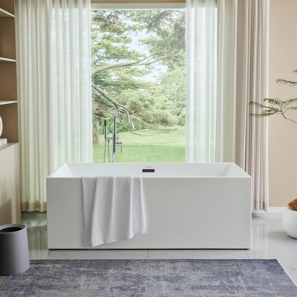 HomeBeyond 67 Inch Freestanding Tub | Acrylic Freestanding Bathtub, Square Flatbottom Freestanding Bathtub Stand Alone Tub with Pop-up Drain Overflow
