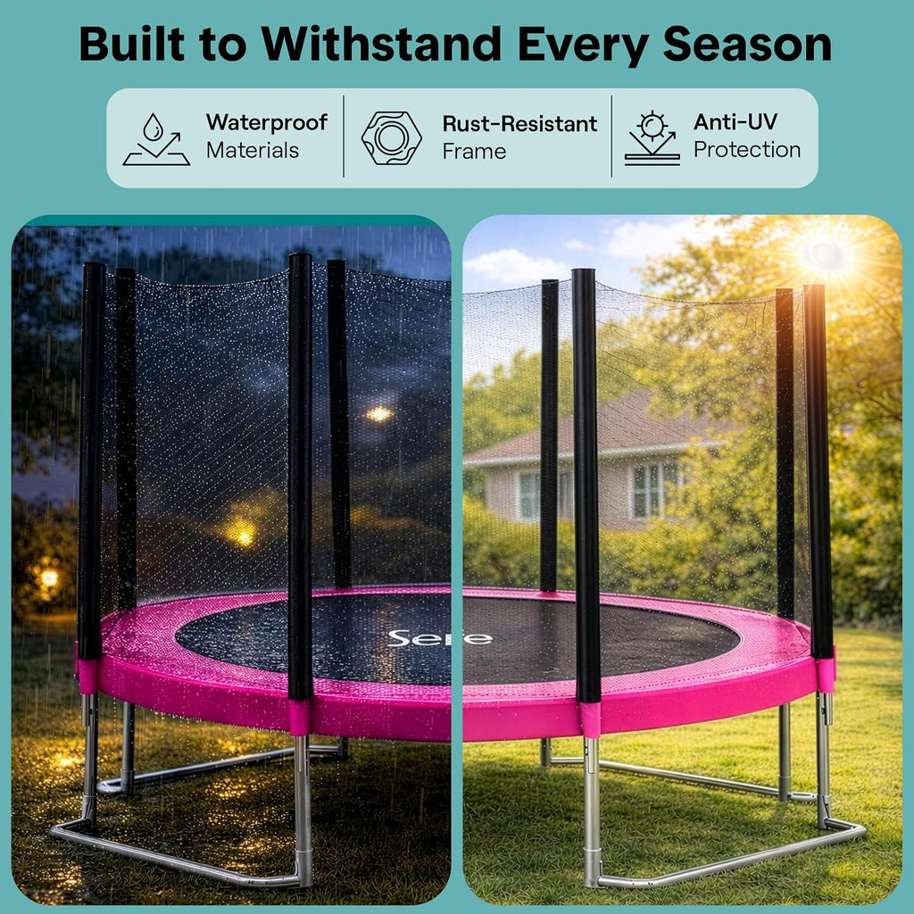 SereneLife Trampoline Outdoor 8FT 10FT 12FT 14FT with Enclosure Net, Ladder and Anti-Rust Coating - ASTM Approved Recreational Trampolines - Heavy Duty Yard Trampolines for Kids and Adults