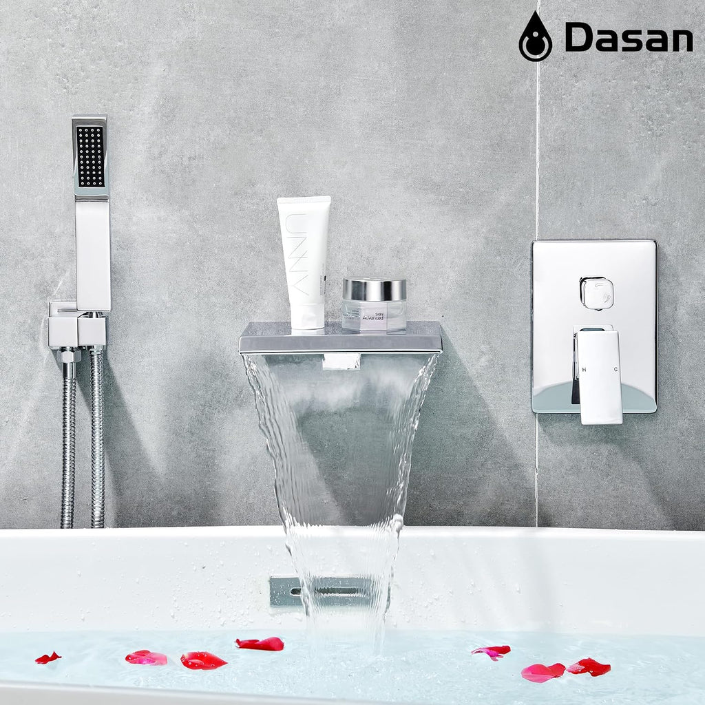 Upgraded Wall Mount Tub Filler Faucet with Handheld Shower, DASAN Modern Wall Mounted Bathtub Faucet Chrome High Flow Waterfall Tub Faucet with Rough in Valve, SA-TF04WH-PC