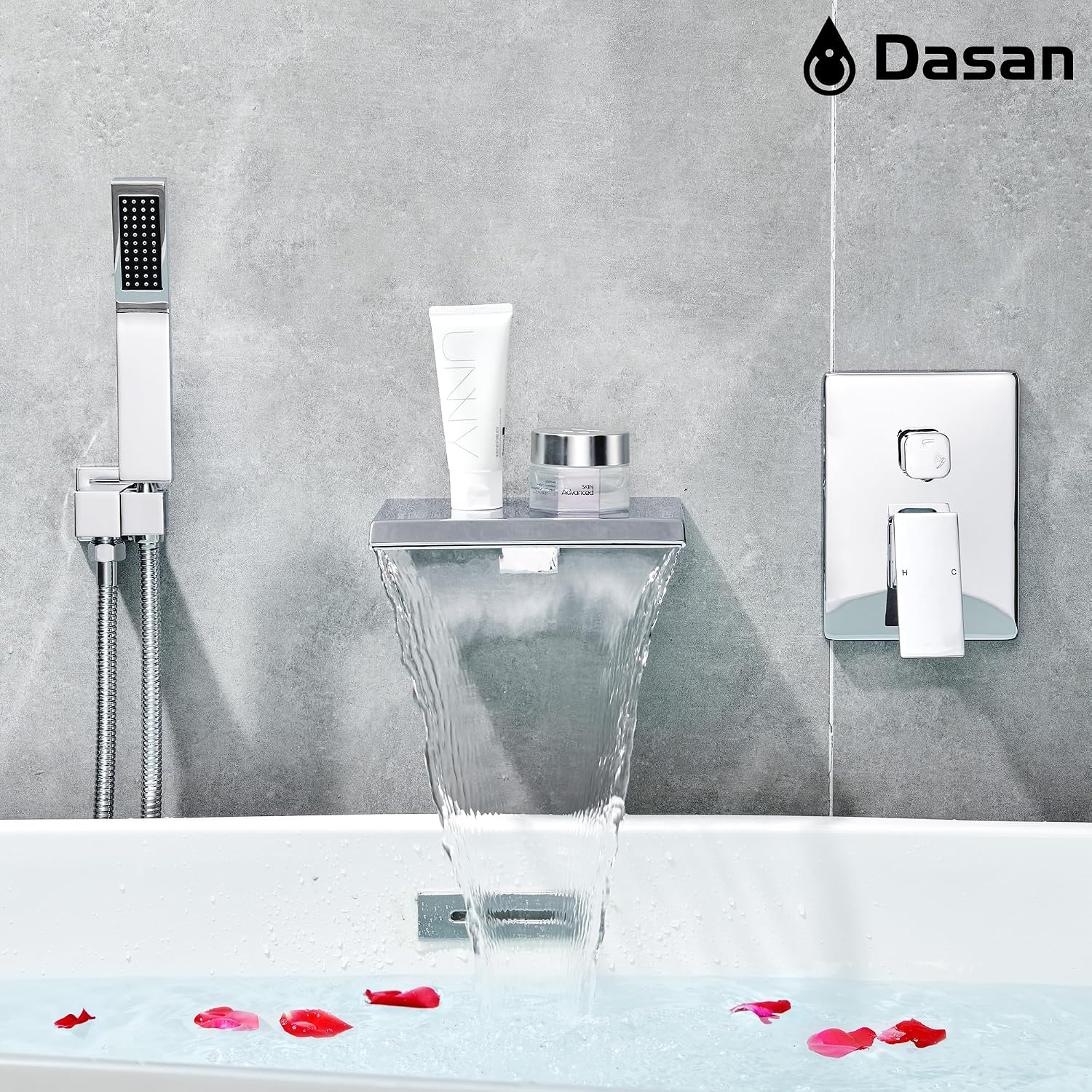 Upgraded Wall Mount Tub Filler Faucet with Handheld Shower, DASAN Modern Wall Mounted Bathtub Faucet Chrome High Flow Waterfall Tub Faucet with Rough in Valve, SA-TF04WH-PC
