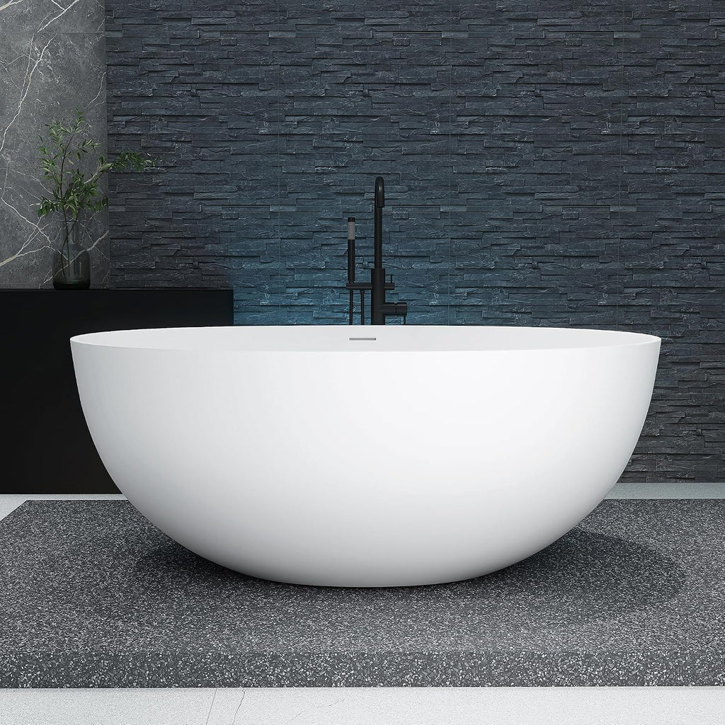 55'' Stone Resin Free Standing Tub, Freestanding Bathtub Solid Surface, Modern Soaking Tub with Overflow and Pop-up Drain in White