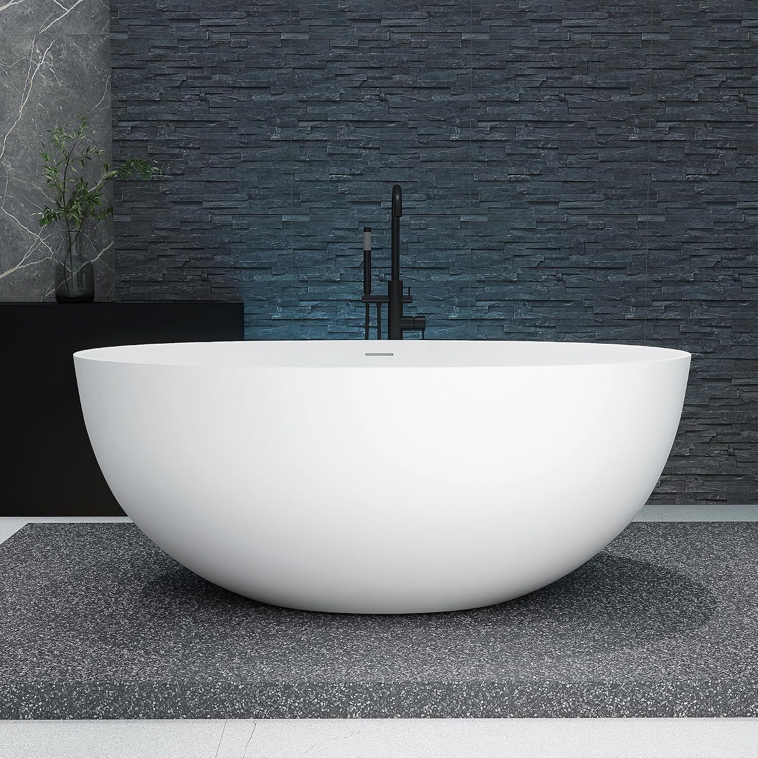 55'' Stone Resin Free Standing Tub, Freestanding Bathtub Solid Surface, Modern Soaking Tub with Overflow and Pop-up Drain in White