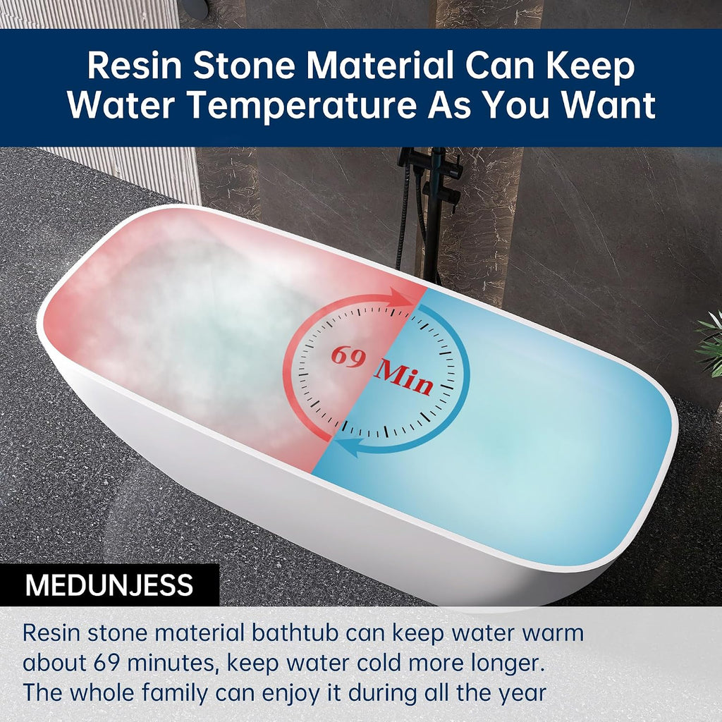 59'' Freestanding Bathtub Resin Stone Deep Soaking Tubs Solid Surface Matte Tub with Overflow and Pop-up Drain
