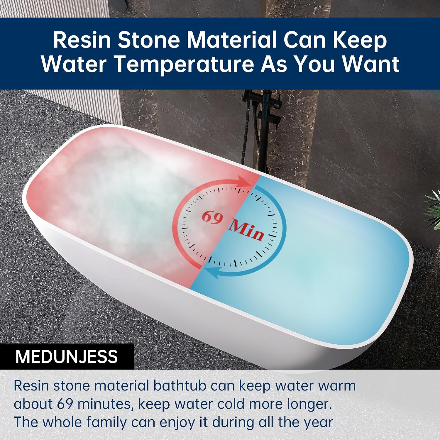 59'' Freestanding Bathtub Resin Stone Deep Soaking Tubs Solid Surface Matte Tub with Overflow and Pop-up Drain