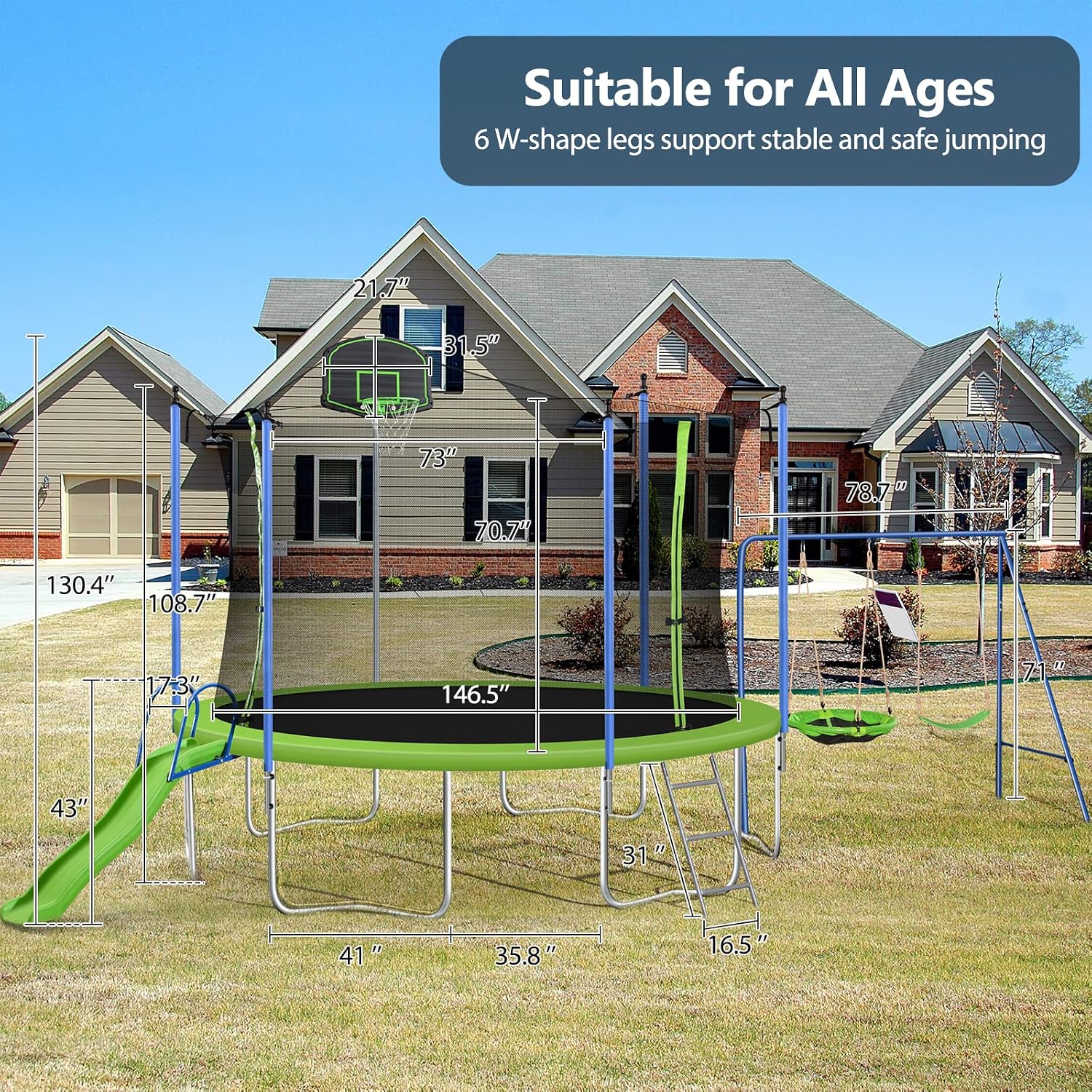 Lyromix 12FT Trampoline with Slide and Swings, ASTM Approved Large Recreational Tranpoline with Sprinkler, Basketball Hoop and Net, Capacity for 5-7 Kids Adults, Green