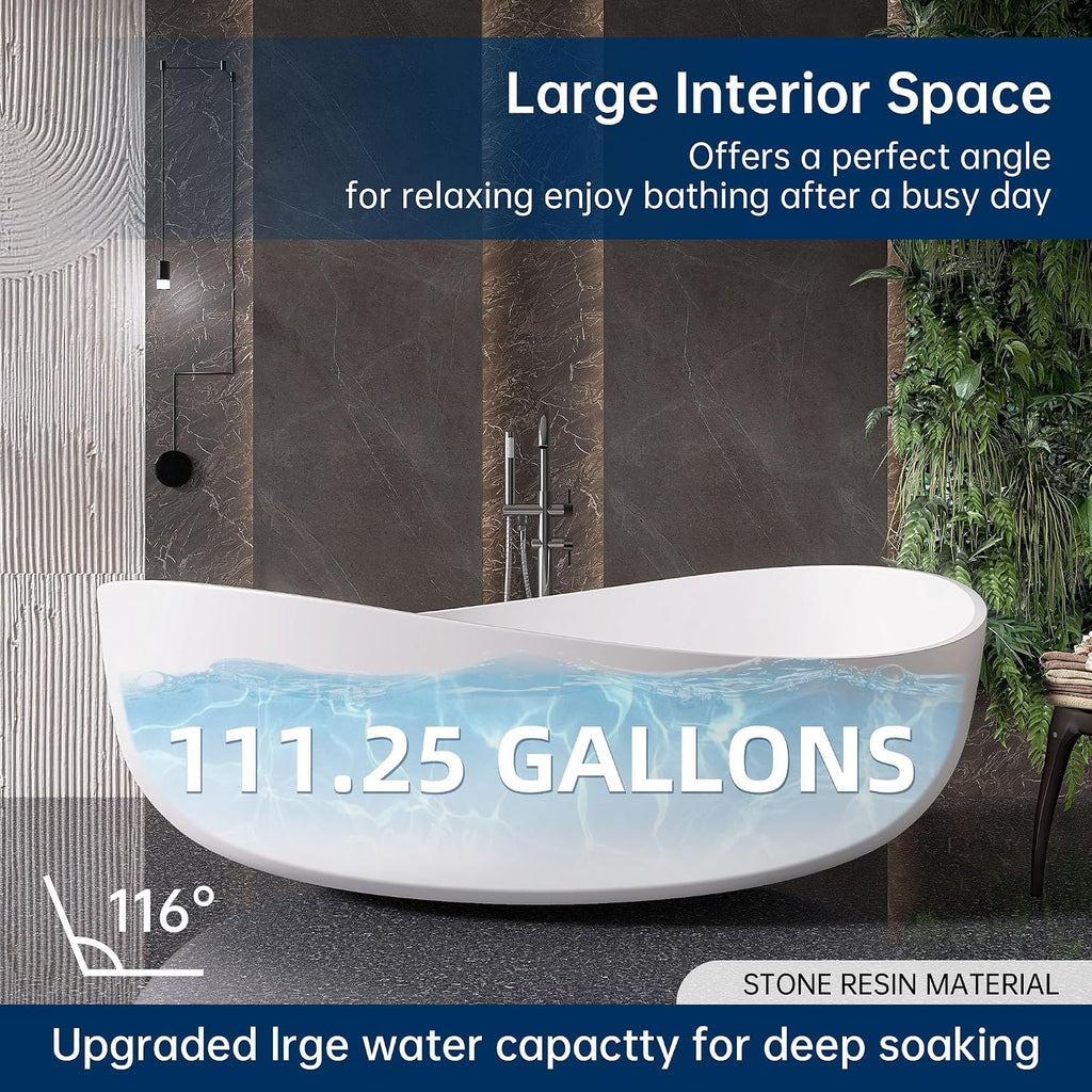Stone Resin Freestanding Bathtub 71', Elegant Oval Shape Soaking Tub, Solid Surface Stand Alone Bathtub with Drain & Integrated Slotted Overflow Matte White AMMG015-1800