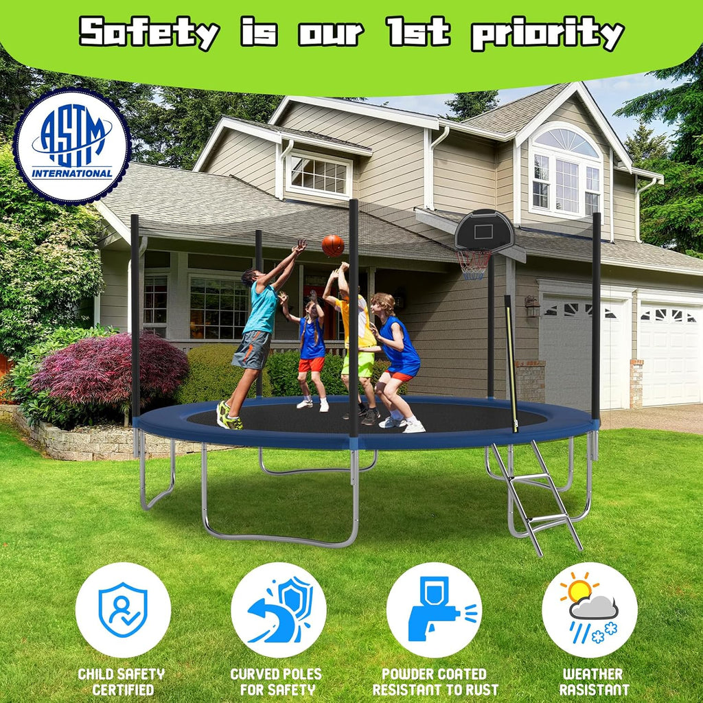 Tranpoline 10FT 12FT 14FT 16FT Tranpoline for Kids with Safety Enclosure Net Recreational Tranpoline for Adults ASTM Approval Backyard Outdoor Tranpoline with Basketball Hoop