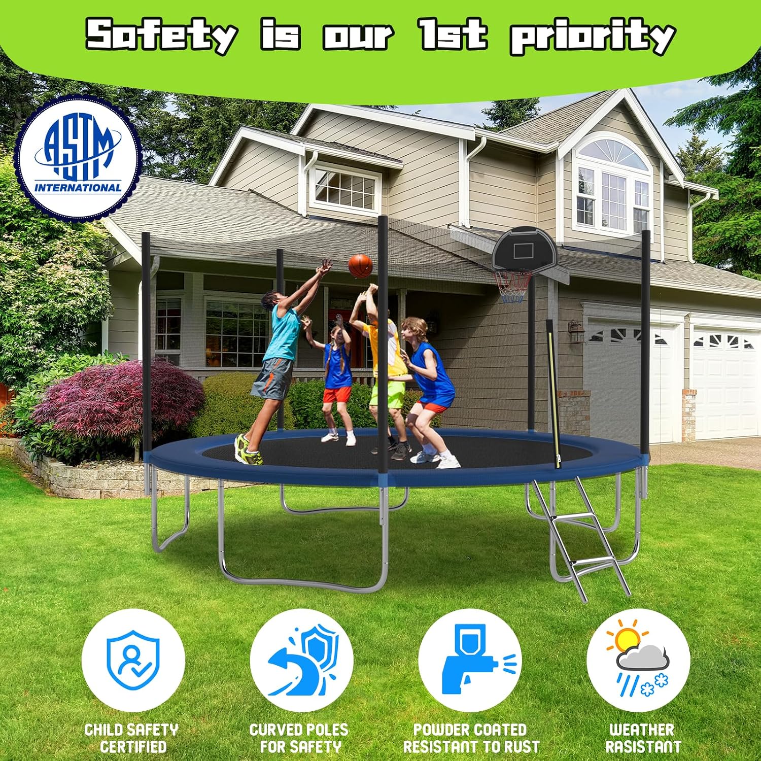 Tranpoline 10FT 12FT 14FT 16FT Tranpoline for Kids with Safety Enclosure Net Recreational Tranpoline for Adults ASTM Approval Backyard Outdoor Tranpoline with Basketball Hoop