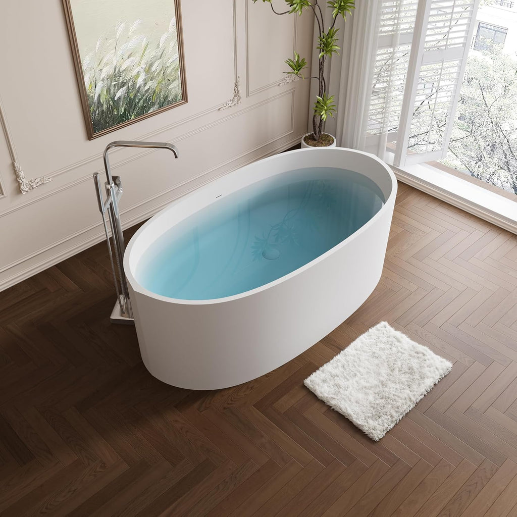 55' Glossy White Acrylic Freestanding Bathtub, Small Free Standing Soaking Tub with Chrome Toe-Tap Drain, cUPC Certified Soaker Tub