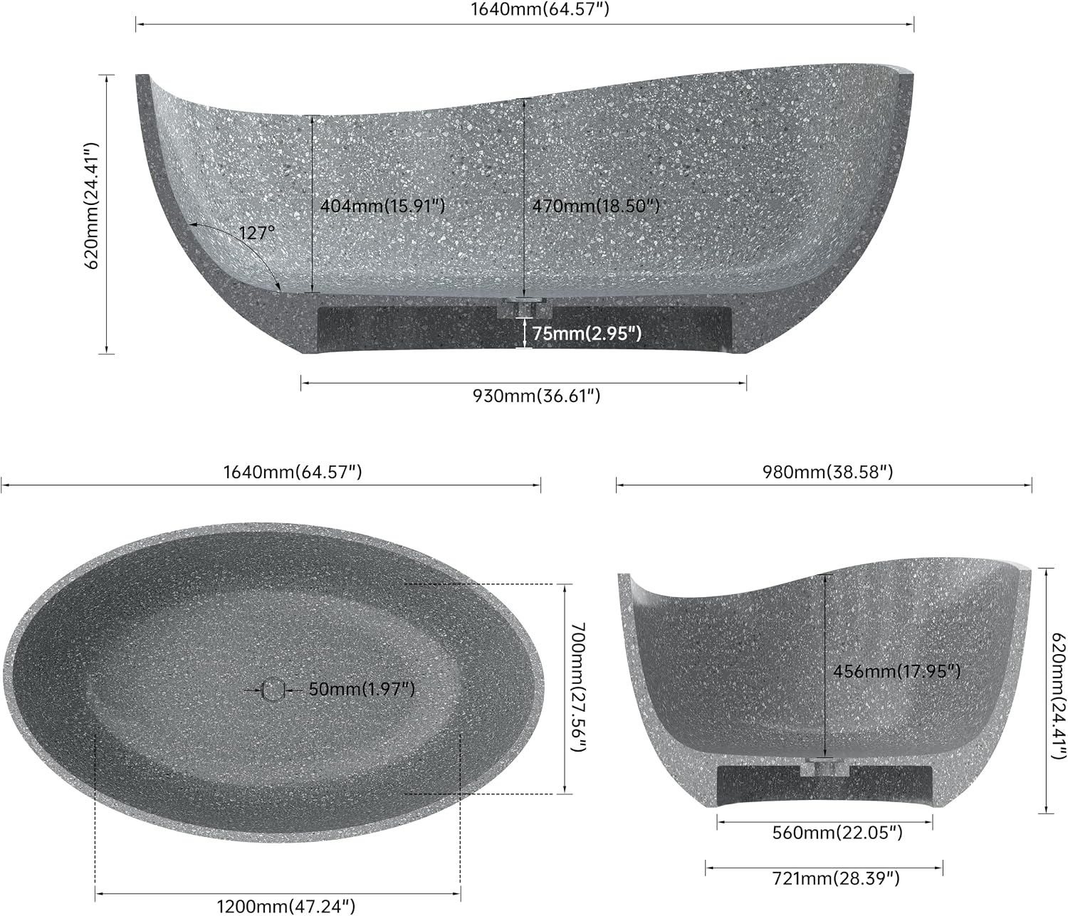 Terrazzo Freestanding Bathtub 65', Solid Surface Soaking Tub, Elegant Oval Shape Free Standing Tub, Stand Alone Bathtub with Drain & Integrated Slotted Overflow Grey AMMG010