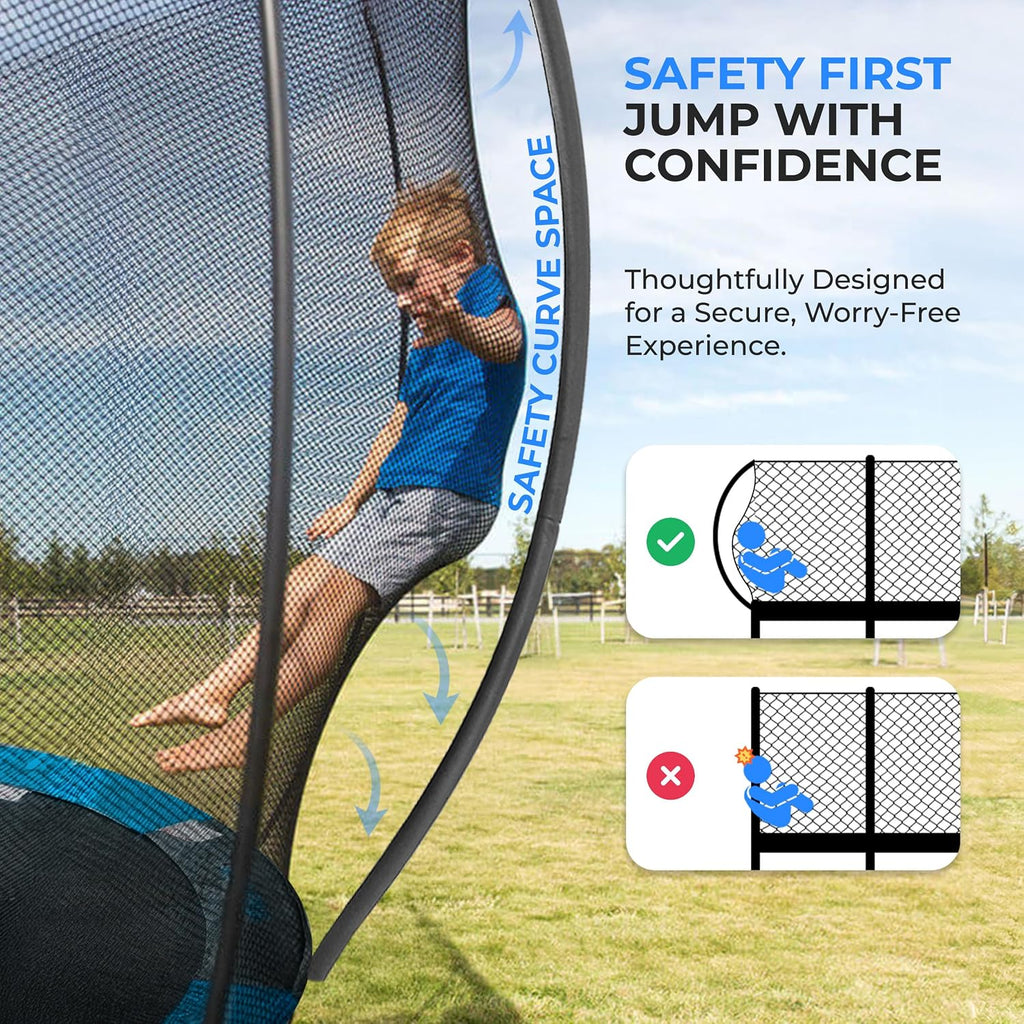 SereneLife 8FT 10FT 12FT 14FT Outdoor Trampoline for Kids - Recreational Backyard Trampoline with Curved Safety Poles and Net Enclosure- ASTM Approval for Kids Adults