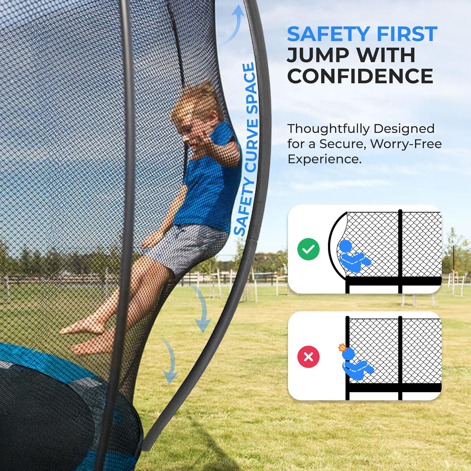 SereneLife 8FT 10FT 12FT 14FT Outdoor Trampoline for Kids - Recreational Backyard Trampoline with Curved Safety Poles and Net Enclosure- ASTM Approval for Kids Adults