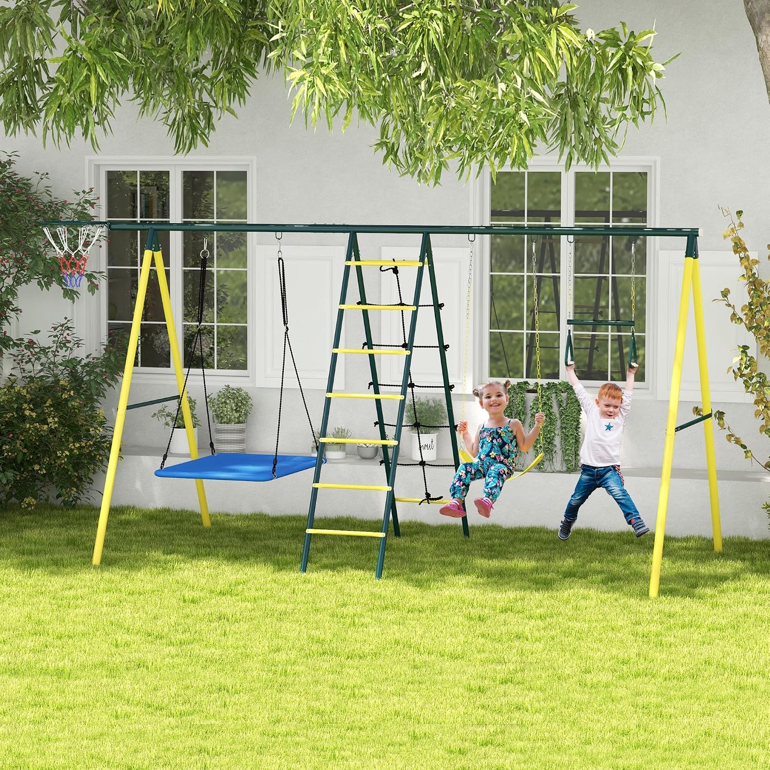 Outsunny 440 lbs Swing Set for Backyard, 5 in 1 Heavy-Duty A-Frame Stand Outdoor Playset for Kids, with Saucer Swing, Slide, Swing Seats, Gym Rings, Basketball Hoop, Climbing Steps and Net