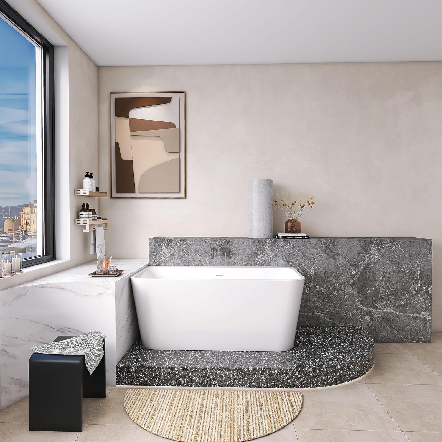 55' Acrylic Back-to-Wall Bathtub,Freestanding Bathtubs, Stand Alone Tub, Soaking Tubs for Bathroom, Integrated Overflow and Drain, cUPC Certified, Gloss White