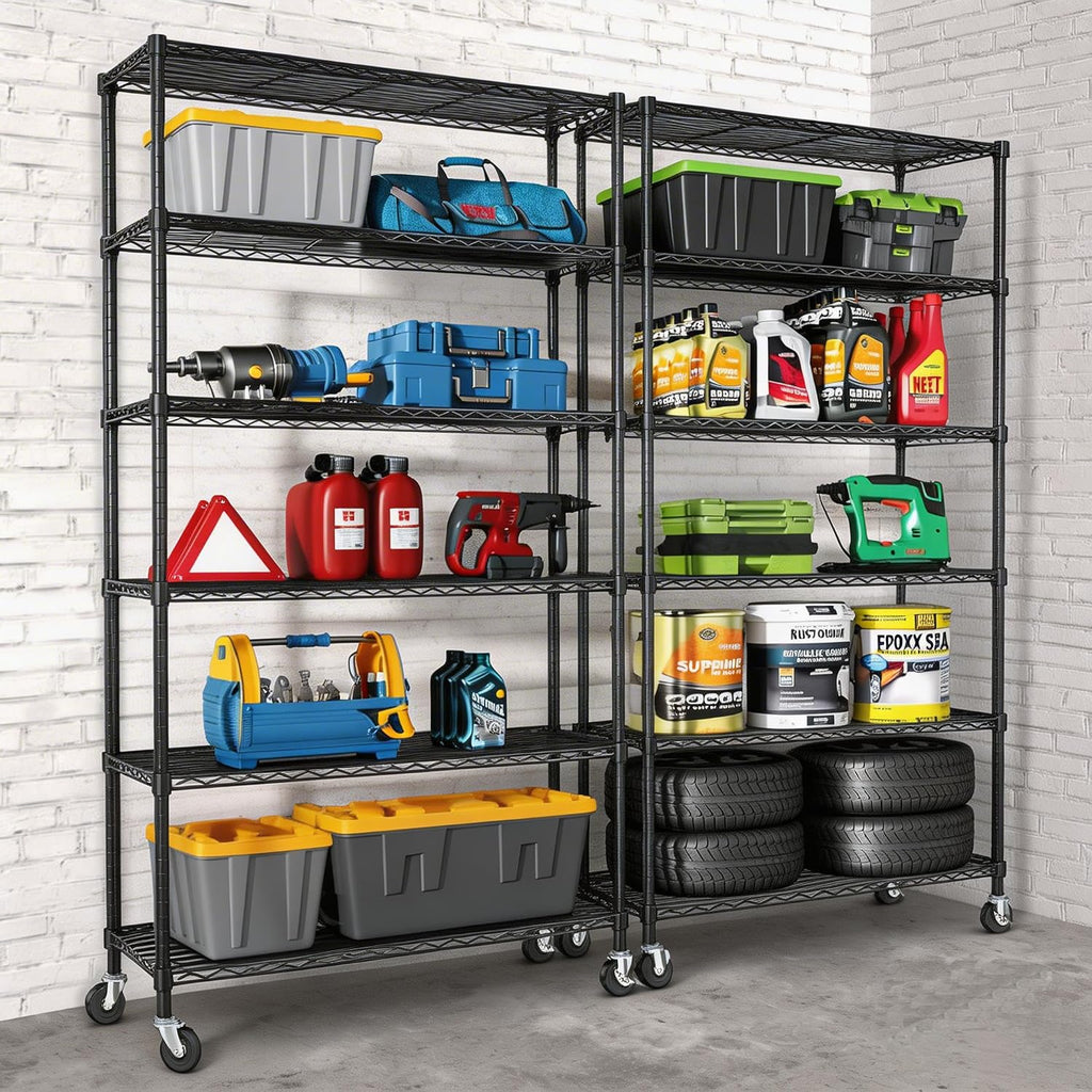 Heavy Duty Wire Metal Shelving with Wheels 6 Tier Garage Storage Utility Rolling Shelves Rack Unit Industrial Adjustable Sturdy Shelving for Kitchen Garage Pantry Bathroom Laundry
