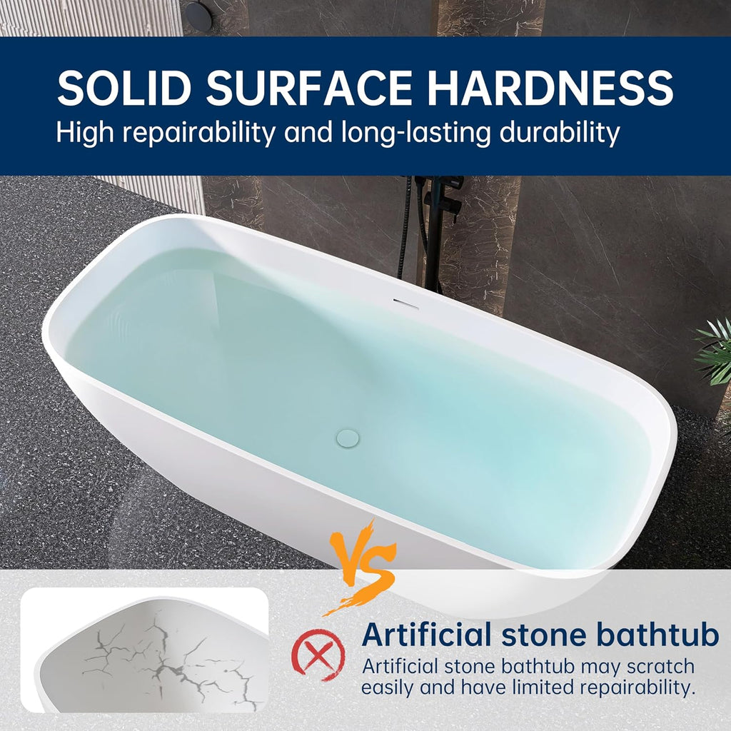 59'' Freestanding Bathtub Resin Stone Deep Soaking Tubs Solid Surface Matte Tub with Overflow and Pop-up Drain