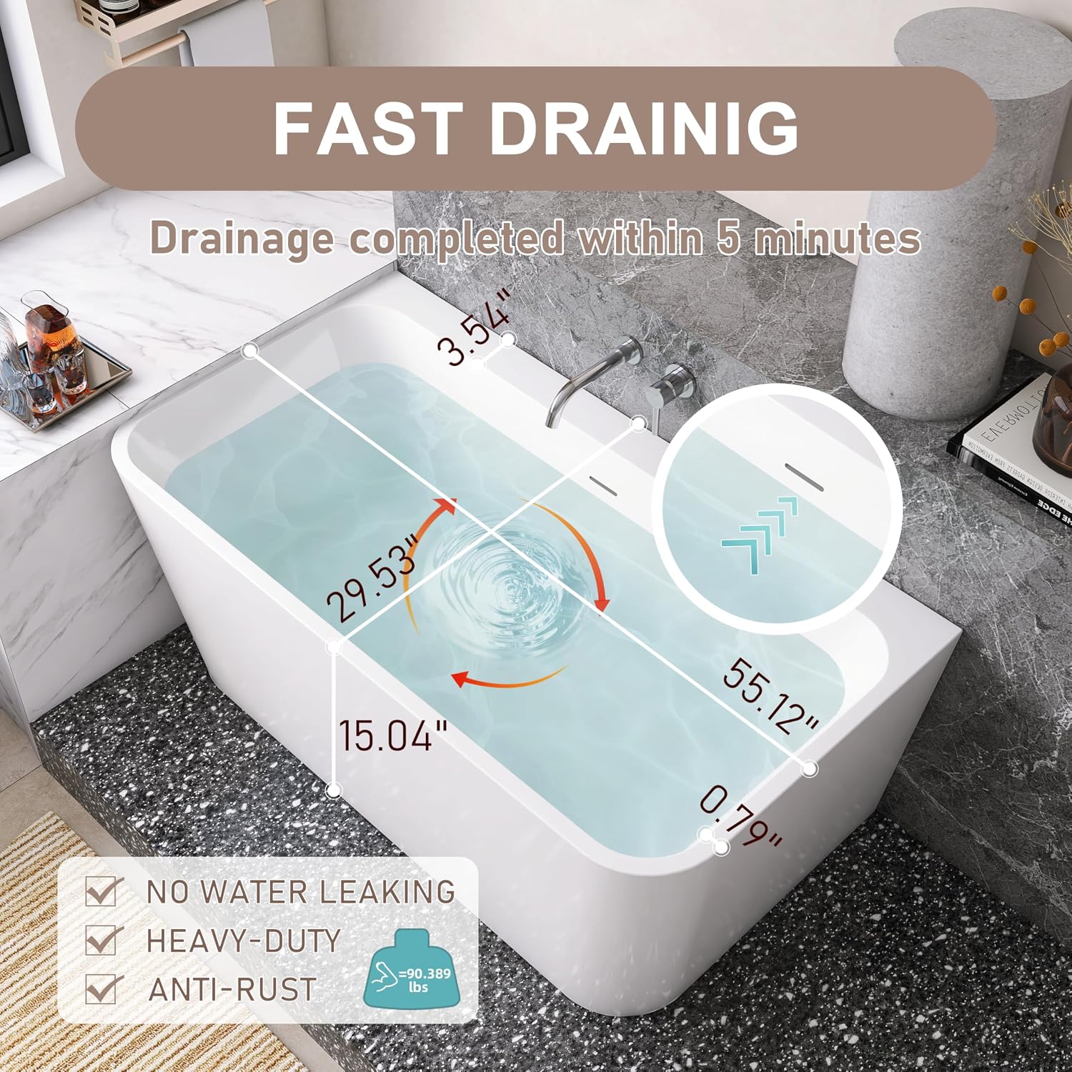 55' Acrylic Back-to-Wall Bathtub,Freestanding Bathtubs, Stand Alone Tub, Soaking Tubs for Bathroom, Integrated Overflow and Drain, cUPC Certified, Gloss White