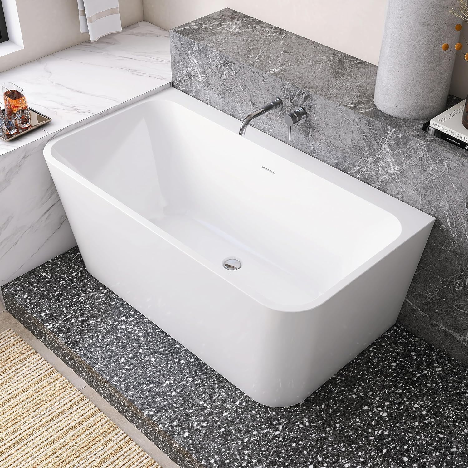 55' Acrylic Back-to-Wall Bathtub,Freestanding Bathtubs, Stand Alone Tub, Soaking Tubs for Bathroom, Integrated Overflow and Drain, cUPC Certified, Gloss White