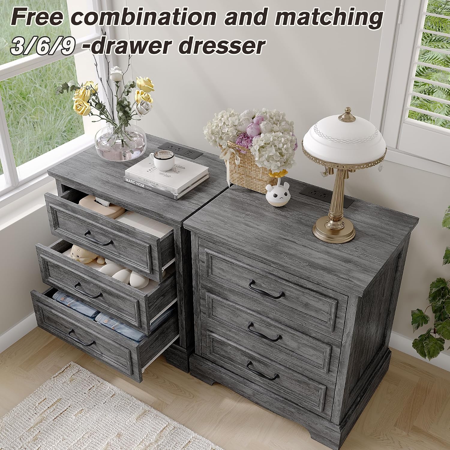 Farmhouse 3 Drawers Dresser with Charging Station, Nightstand Bedside for Bedroom, Wood Small End Table for Living Room Dresser Chest of Drawers for Hallway Closet Dorm (1, Dark Grey)