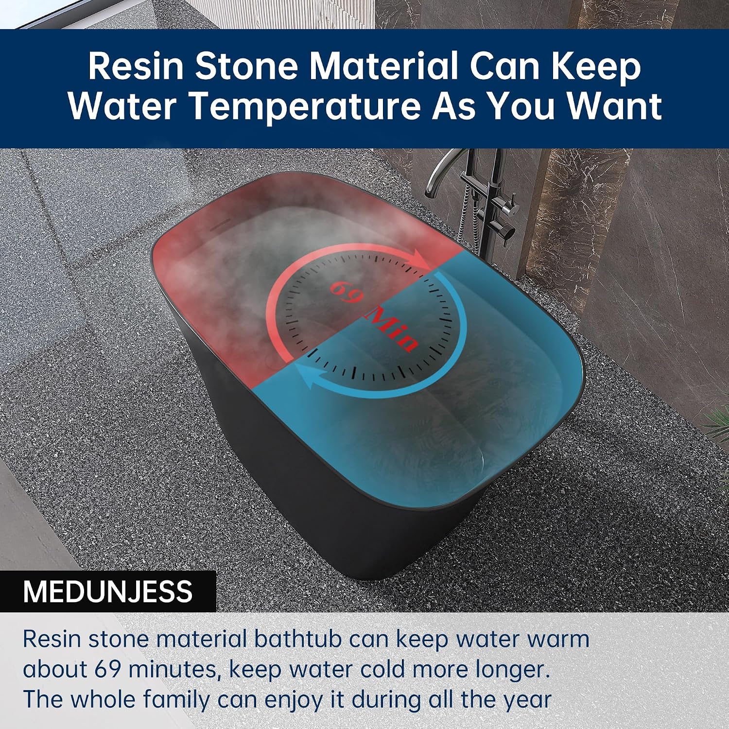 51'' Japanese Soaking Tub Freestanding Bathtub Resin Stone Bathtubs Deep soaking Tub with Overflow and Pop-up Drain - black