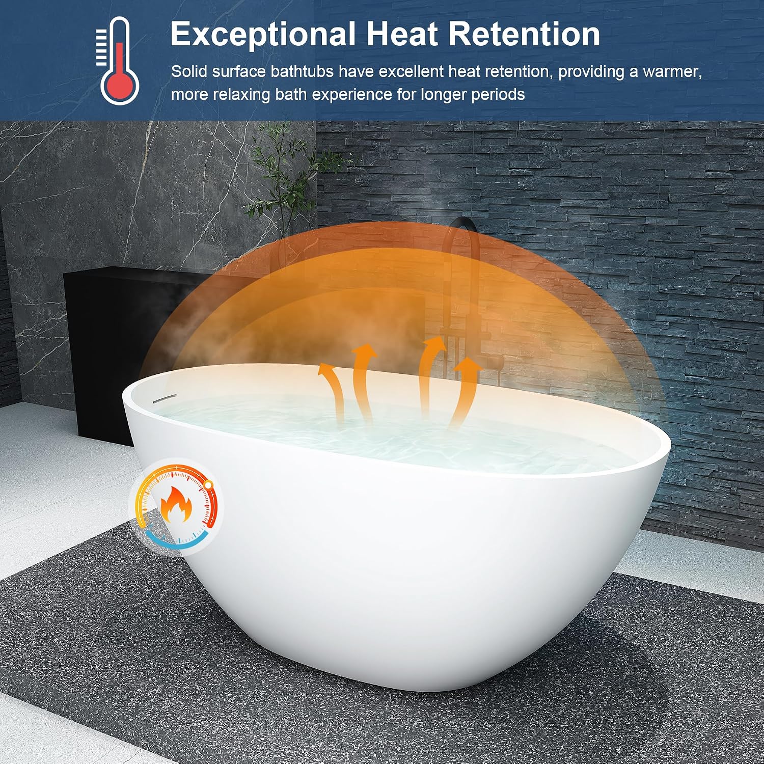 55'' Stone Resin Free Standing Tub, Freestanding Bathtub Solid Surface, Modern Soaking Tub with Overflow and Pop-up Drain in White