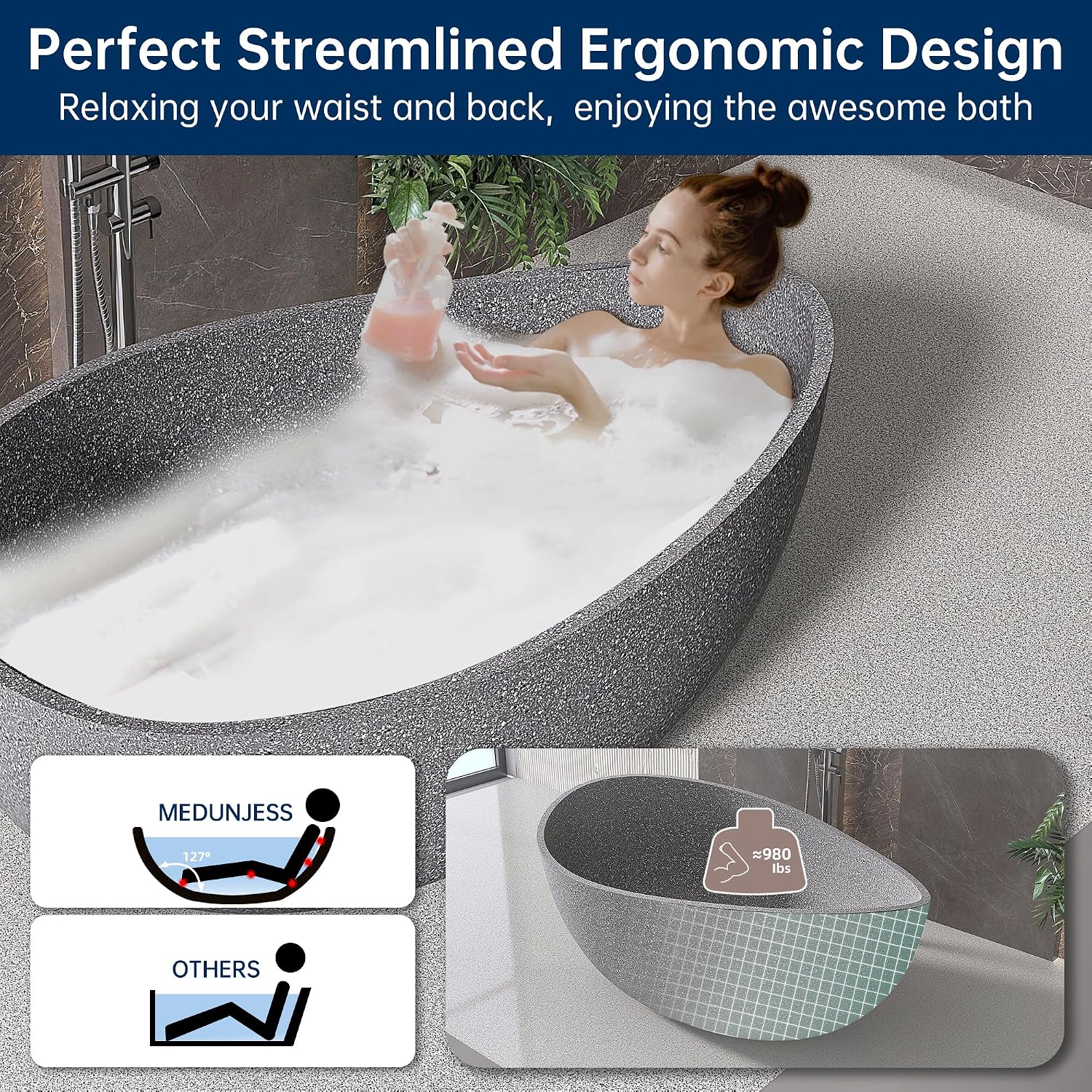Terrazzo Freestanding Bathtub 65', Solid Surface Soaking Tub, Elegant Oval Shape Free Standing Tub, Stand Alone Bathtub with Drain & Integrated Slotted Overflow Grey AMMG010