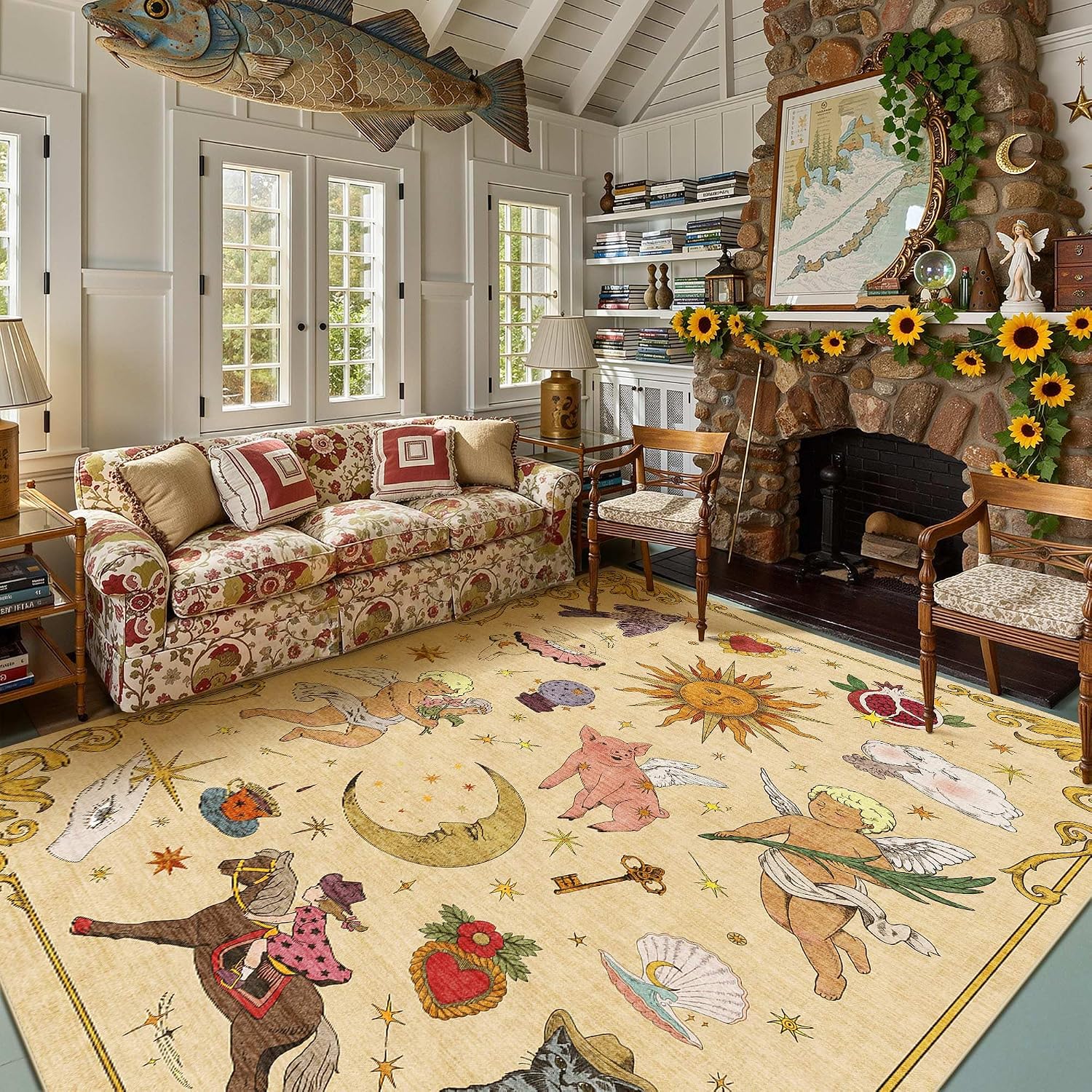 Kokia Sun and Moon Celestial Cottagecore Area Rug 8x10 Feet Yellow Vintage Washable Low Pile Non-Slip Rug for Nursery Playroom Living Room Bedroom Unique Boho Decorative Tapestry Rug
