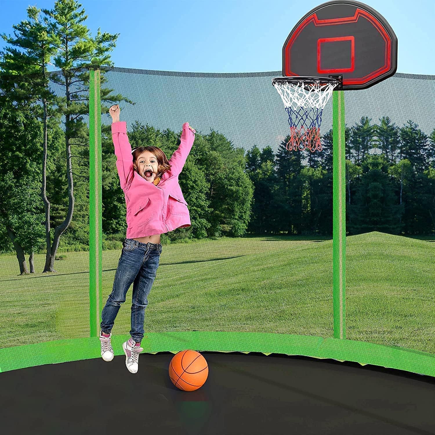 1500LBS 16FT 15FT 14FT 12 FT 10FT 8FT Tranpoline for Kids and Adults with Sprinkler, Lights with Music Speaker, Socks, Water Ball, Heavy Duty Outdoor Tranpoline with Net Enclosure and Ladder
