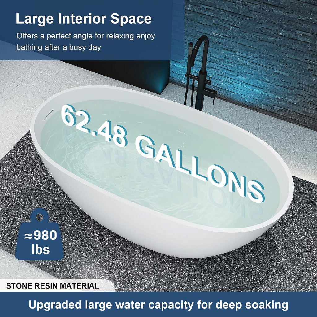 55'' Stone Resin Free Standing Tub, Freestanding Bathtub Solid Surface, Modern Soaking Tub with Overflow and Pop-up Drain in White