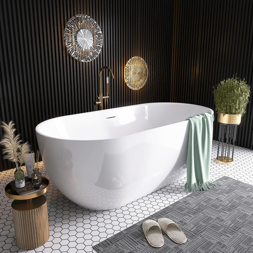 59' Free Standing Tub, Pure Acrylic Freestanding Bathtub, Stylish Stand Alone Contemporary Deep Soaking Bath Tub, cUPC Certified SY6850 (Glossy White)