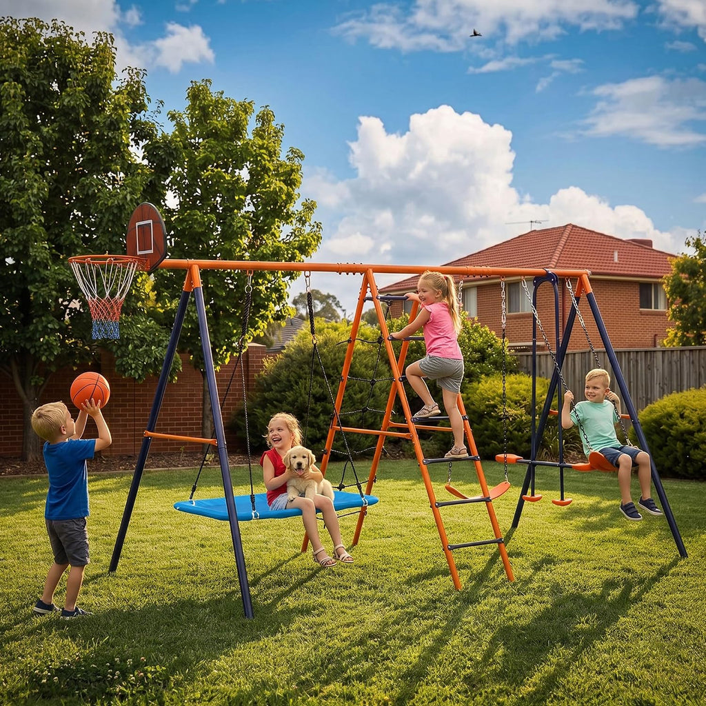 SUPER DEAL 6-in-1 Outdoor Swing Set for Kids, Heavy Duty Metal Playset with Adjustable Swings, Climbing Ladder, Rope Net, Swing Glider and Basketball Hoop, Backyard Playground Equipment for Ages 3-12
