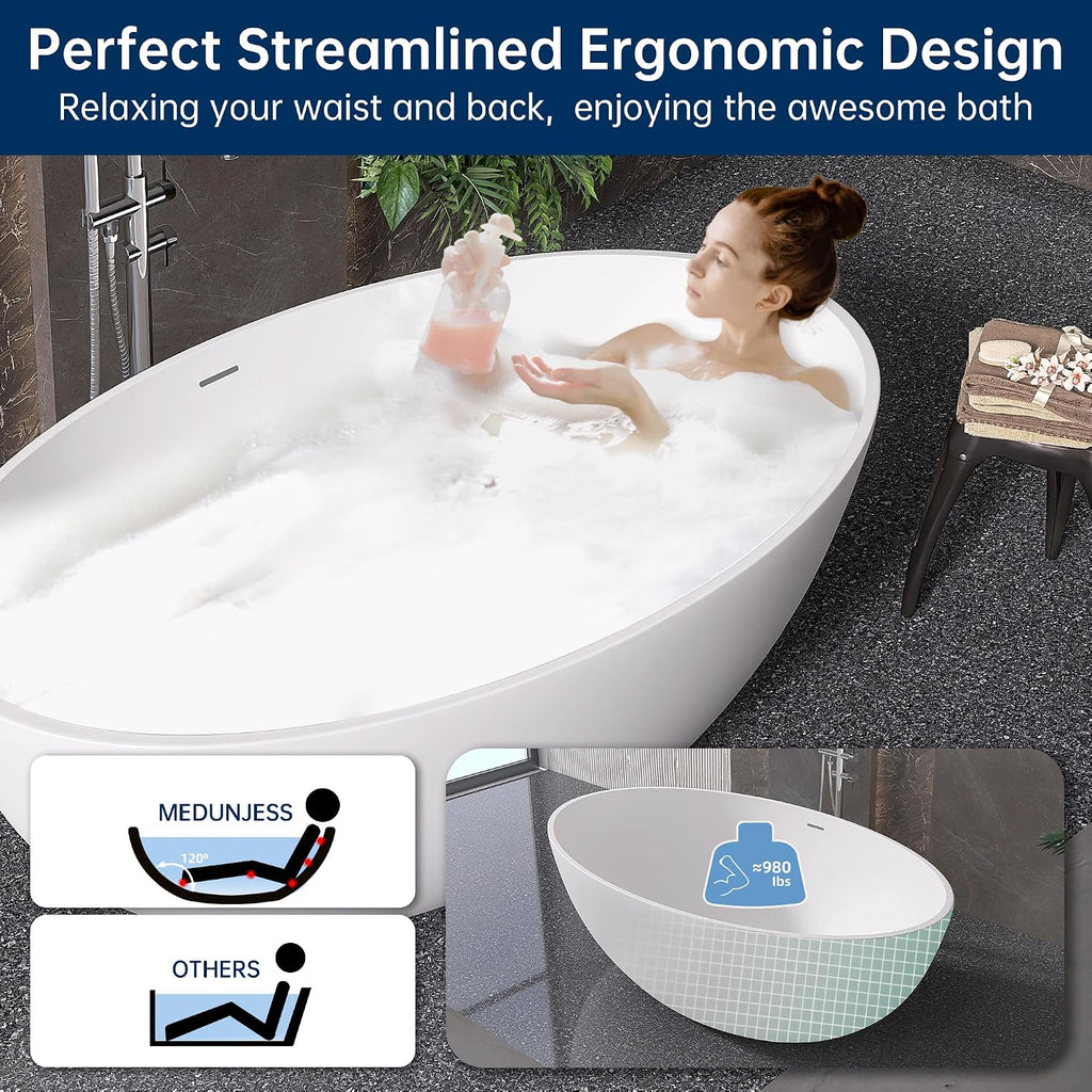 67'' Freestanding Soaking Bathtub Stone Resin Deep Bathtub Modern Bathtub Deep Soaking Bathtub with Overflow and Pop-up Drain…