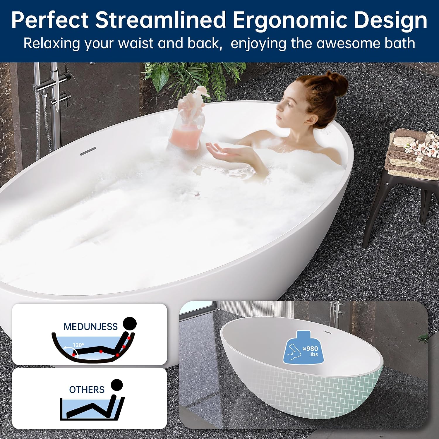 67'' Freestanding Soaking Bathtub Stone Resin Deep Bathtub Modern Bathtub Deep Soaking Bathtub with Overflow and Pop-up Drain…