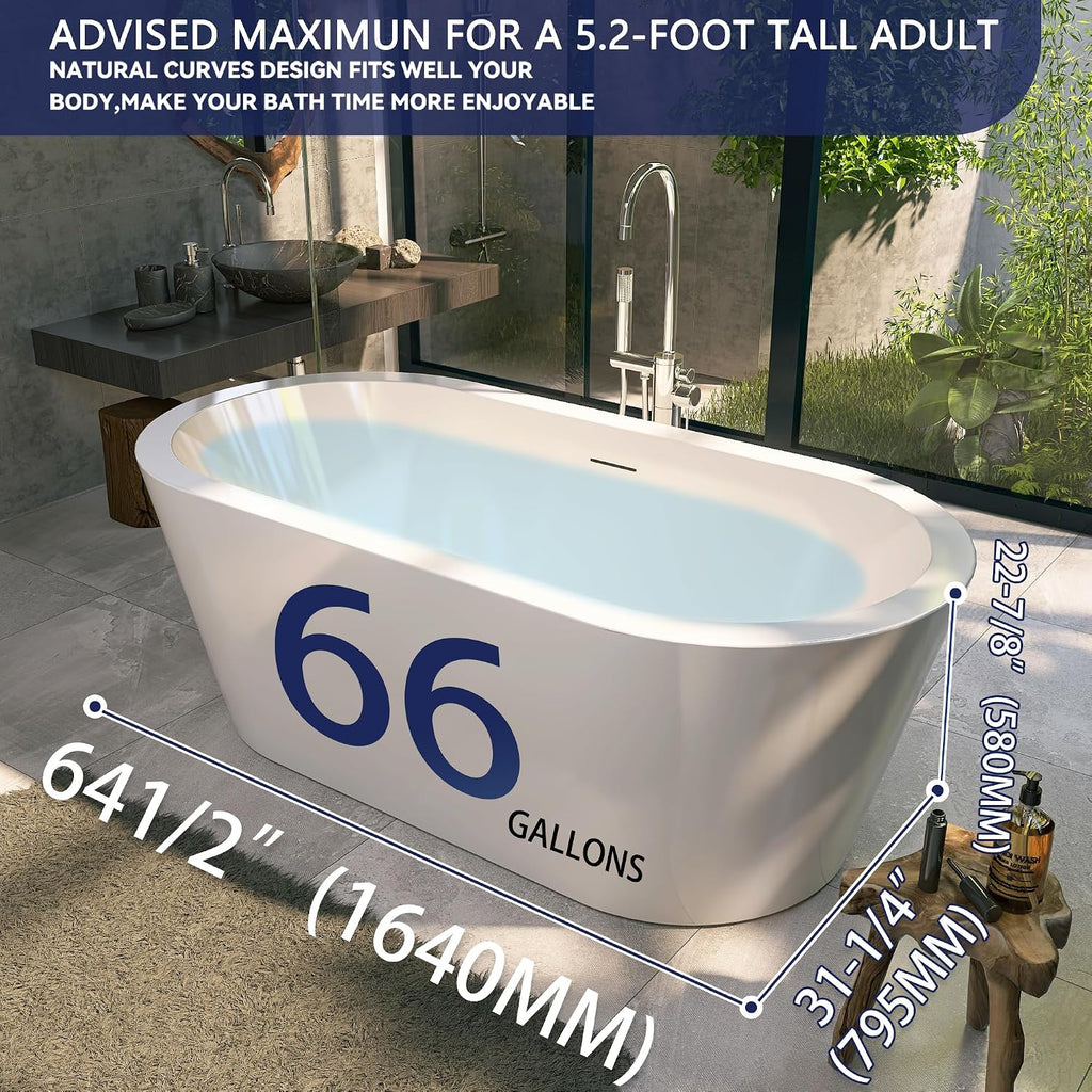 64' Acrylic Free Standing Tub, Stand Alone Tub, Freestanding Bathtub, Soaking Bathtub, cUPC Certified, LT(Glossy White)