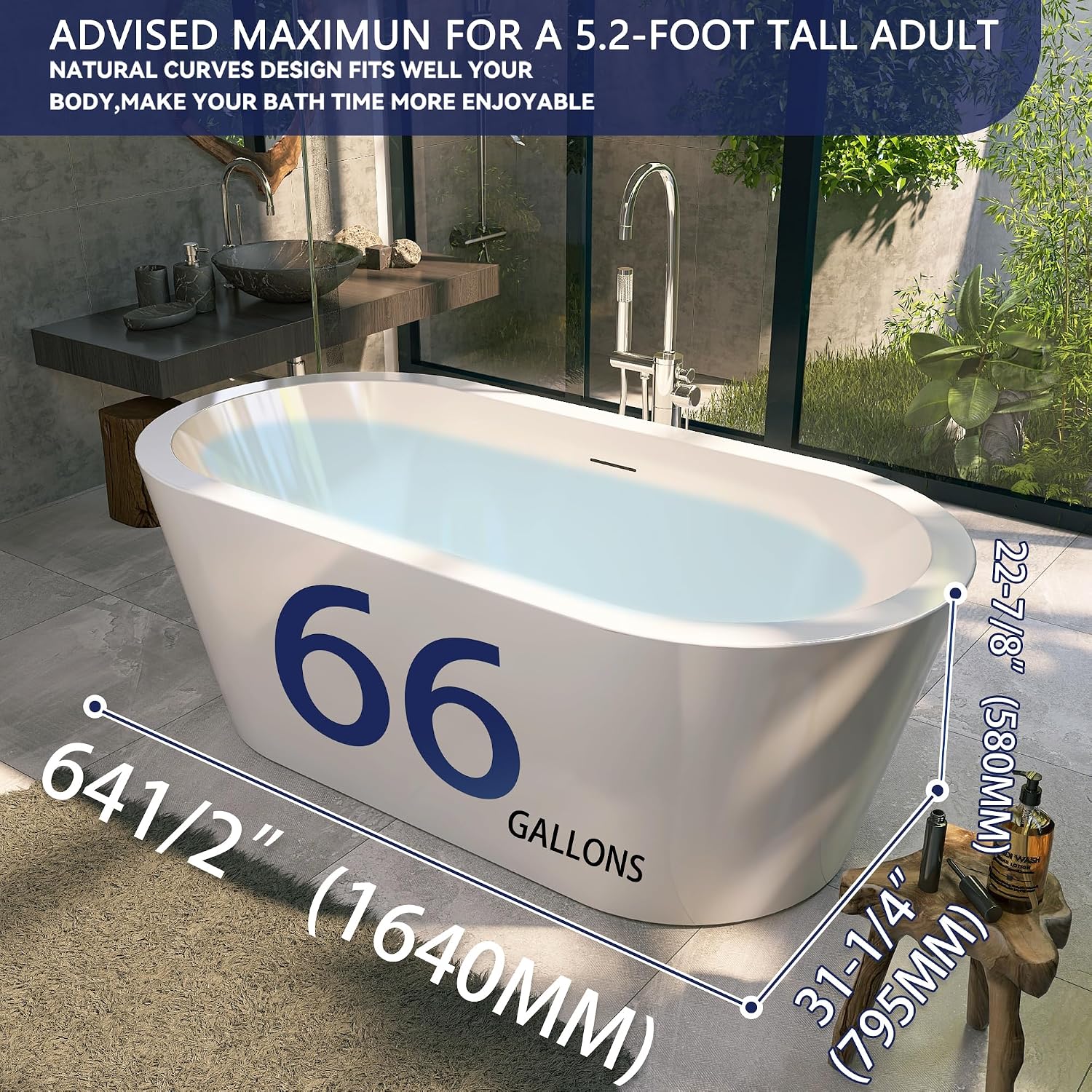 64' Acrylic Free Standing Tub, Stand Alone Tub, Freestanding Bathtub, Soaking Bathtub, cUPC Certified, LT(Glossy White)