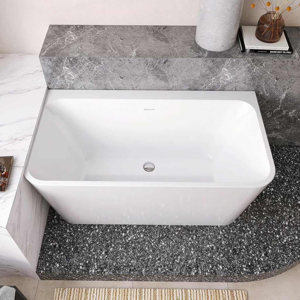 55' Acrylic Back-to-Wall Bathtub,Freestanding Bathtubs, Stand Alone Tub, Soaking Tubs for Bathroom, Integrated Overflow and Drain, cUPC Certified, Gloss White