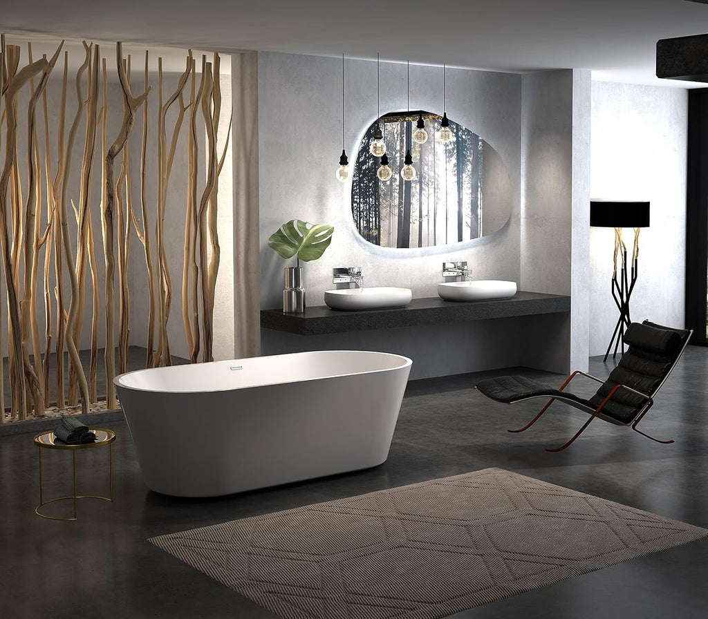 HEATGENE 66 Inches Acrylic Freestanding Bathtub Contemporary Soaking Tub Oval Modern Bathtub Easy to Install UPC Certified Drain & Overflow Assembly Included