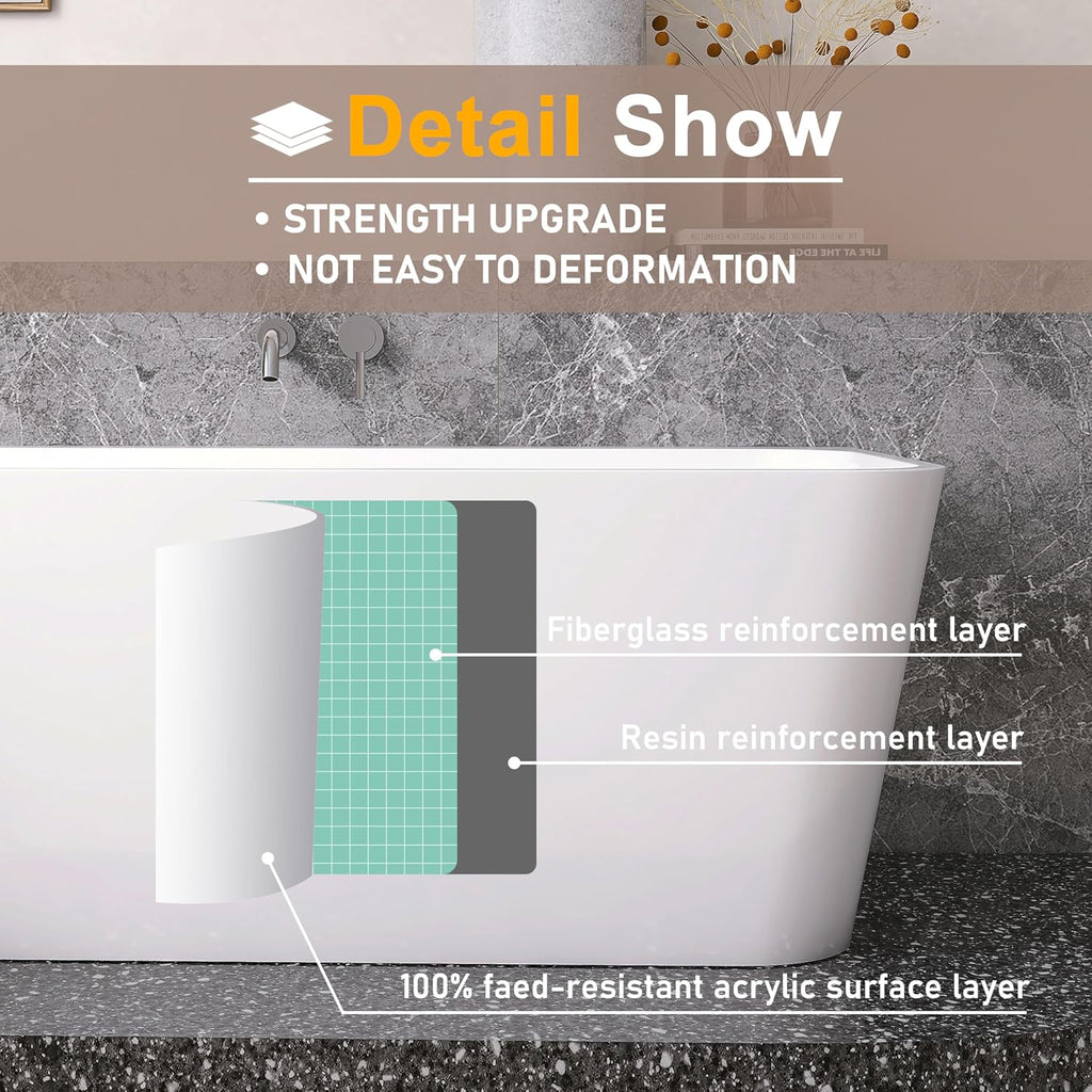 59' Acrylic Back-to-Wall Bathtub,Freestanding Bathtub, Stand Alone Tub, Soaking Tubs for Bathroom, Free Standing Tub with Integrated Overflow and Drain, cUPC Certified, Gloss White