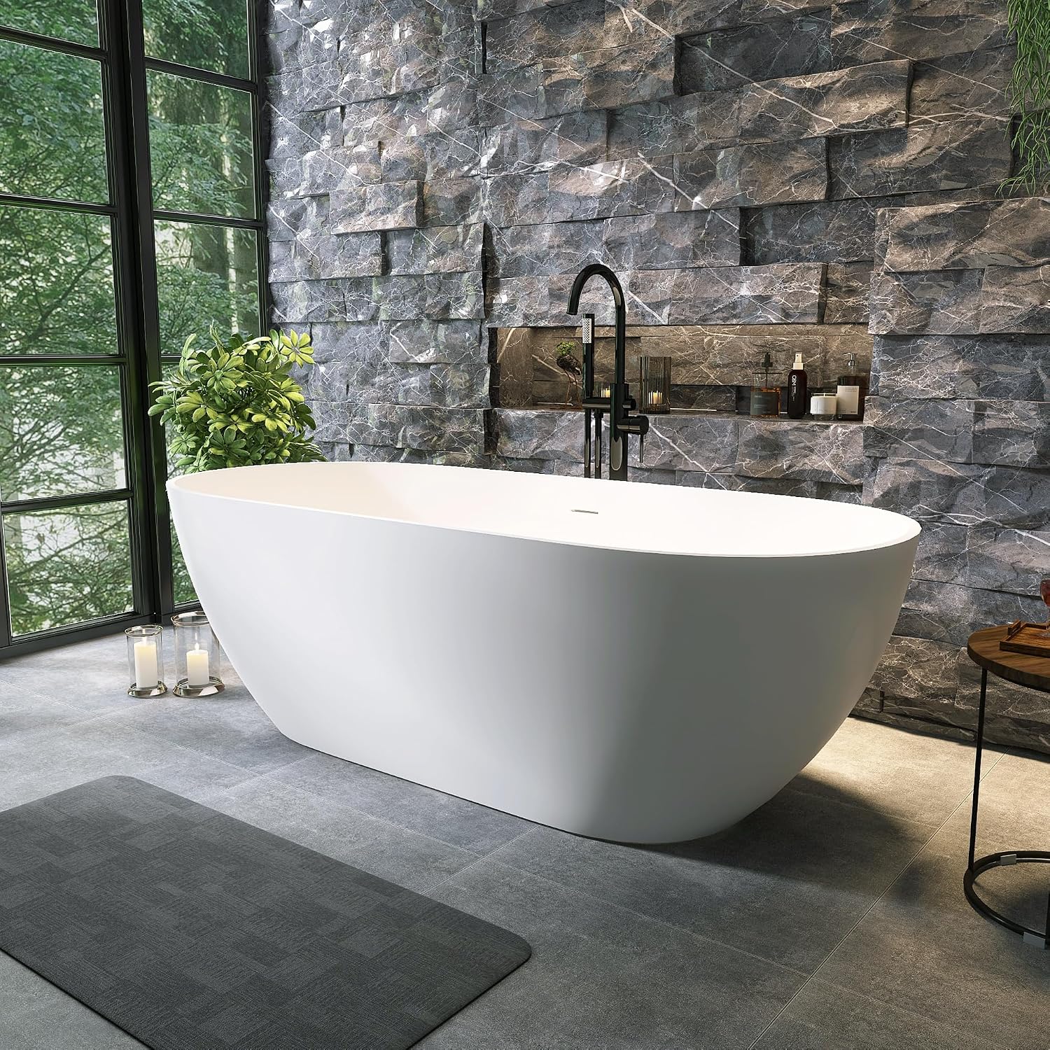 59' Resin Stone Freestanding Bathtub, Oval Solid Surface Freestanding Tub, Stand Alone Tub, Integrated Slotted Overflow and Pop-up Drain, Matte White
