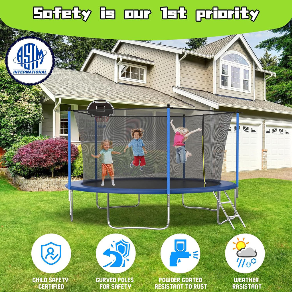 Tranpoline 10FT 12FT 14FT 16FT Tranpoline for Kids with Safety Enclosure Net Recreational Tranpoline for Adults ASTM Approval Backyard Outdoor Tranpoline with Basketball Hoop